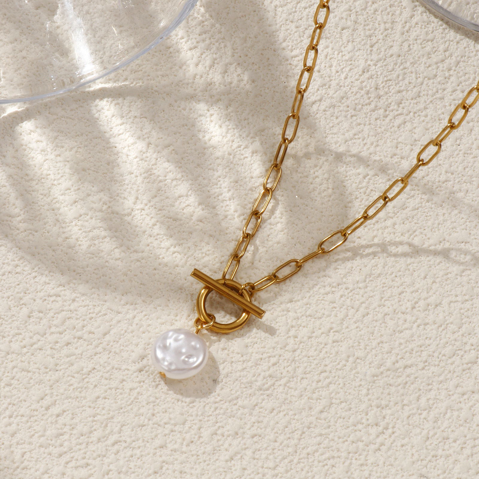 Bild von 18K Real Gold Plated Paperclip Link Chain Pendant Charm Necklace, 304 Stainless Steel 45cm(17.7"), For Women, White Acrylic Imitation Pearl, Exquisite Gift, Eco-friendly PVD Vacuum Plating, 1 Piece