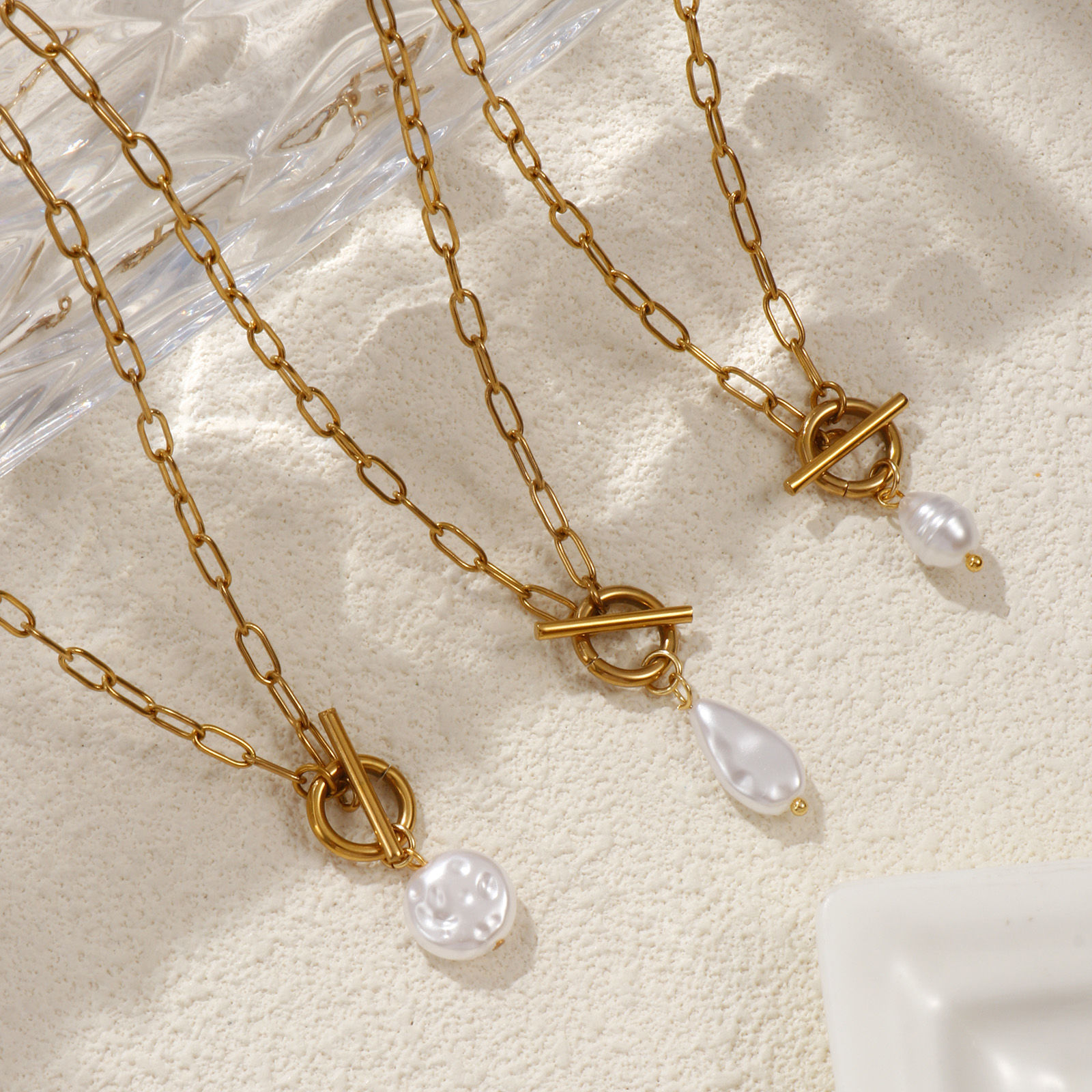 Bild von 18K Real Gold Plated Paperclip Link Chain Pendant Charm Necklace, 304 Stainless Steel 45cm(17.7"), For Women, White Acrylic Imitation Pearl, Exquisite Gift, Eco-friendly PVD Vacuum Plating, 1 Piece