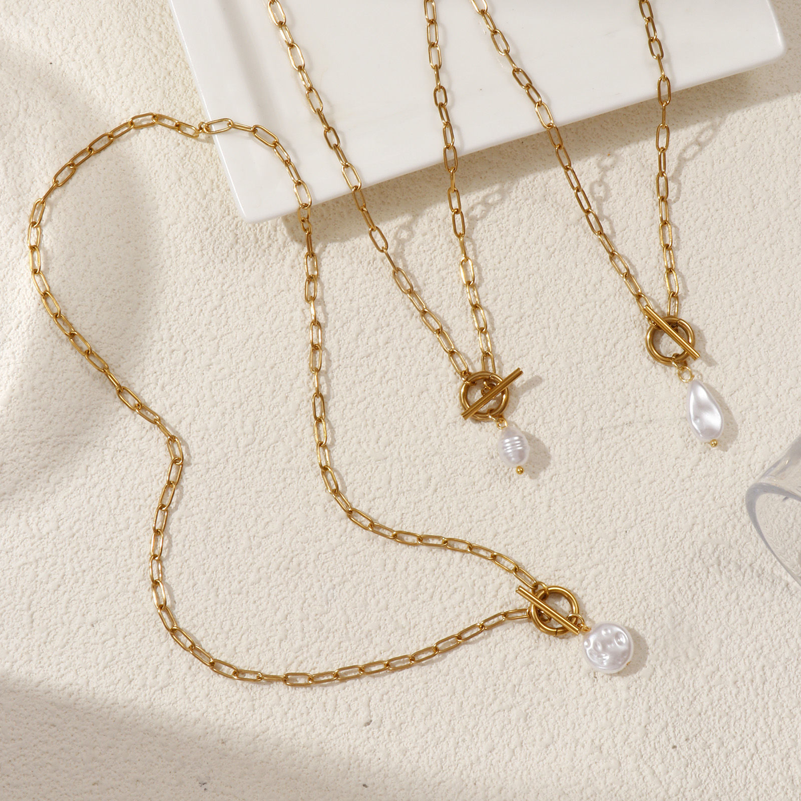 Bild von 18K Real Gold Plated Paperclip Link Chain Pendant Charm Necklace, 304 Stainless Steel 45cm(17.7"), For Women, White Acrylic Imitation Pearl, Exquisite Gift, Eco-friendly PVD Vacuum Plating, 1 Piece