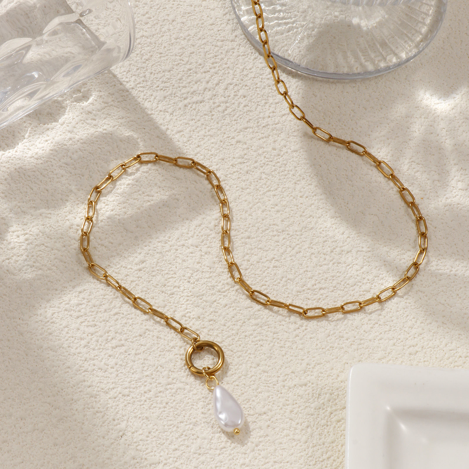 Bild von 18K Real Gold Plated Paperclip Link Chain Pendant Charm Necklace, 304 Stainless Steel 45cm(17.7"), For Women, White Acrylic Imitation Pearl, Exquisite Gift, Eco-friendly PVD Vacuum Plating, 1 Piece