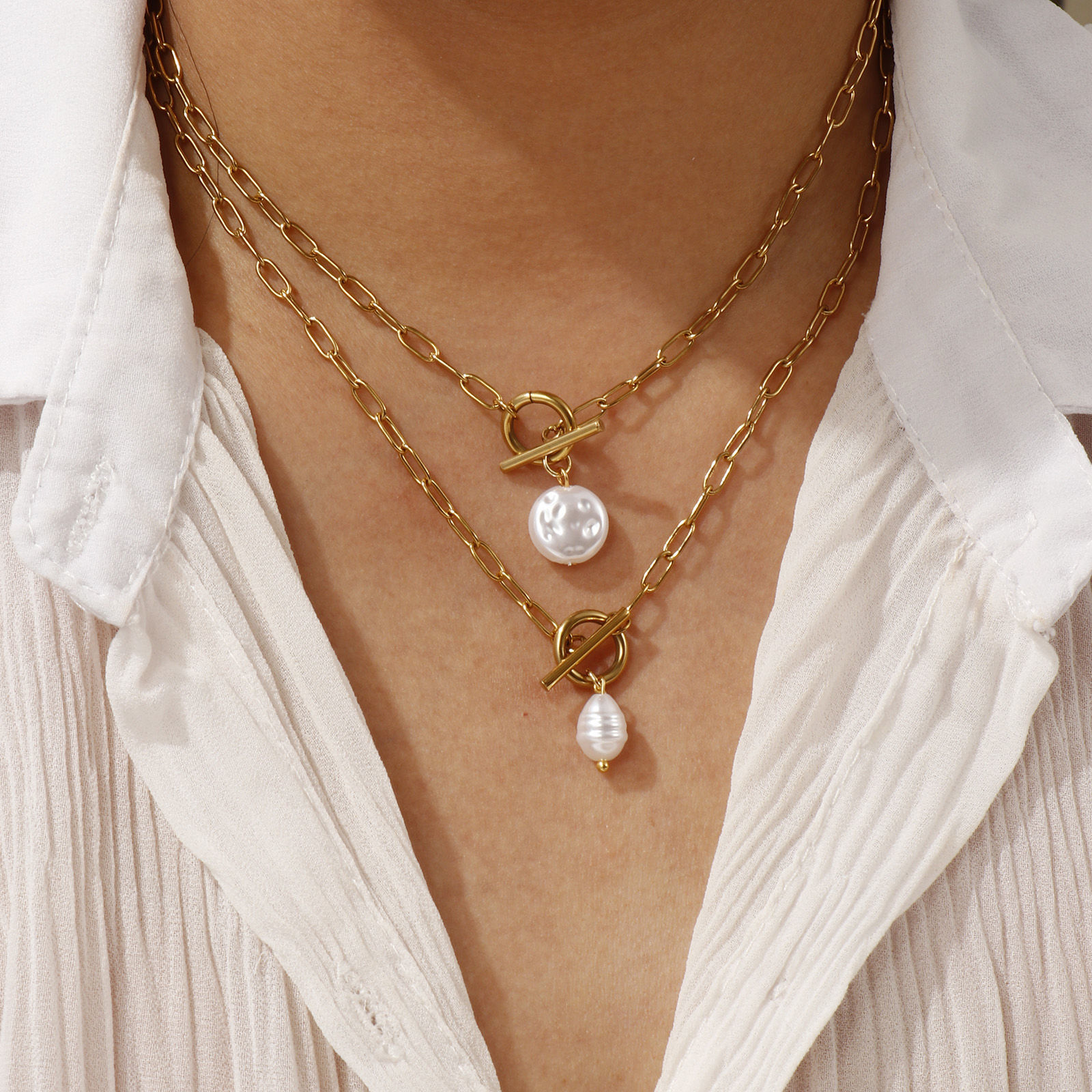 Bild von 18K Real Gold Plated Paperclip Link Chain Pendant Charm Necklace, 304 Stainless Steel 45cm(17.7"), For Women, White Acrylic Imitation Pearl, Exquisite Gift, Eco-friendly PVD Vacuum Plating, 1 Piece