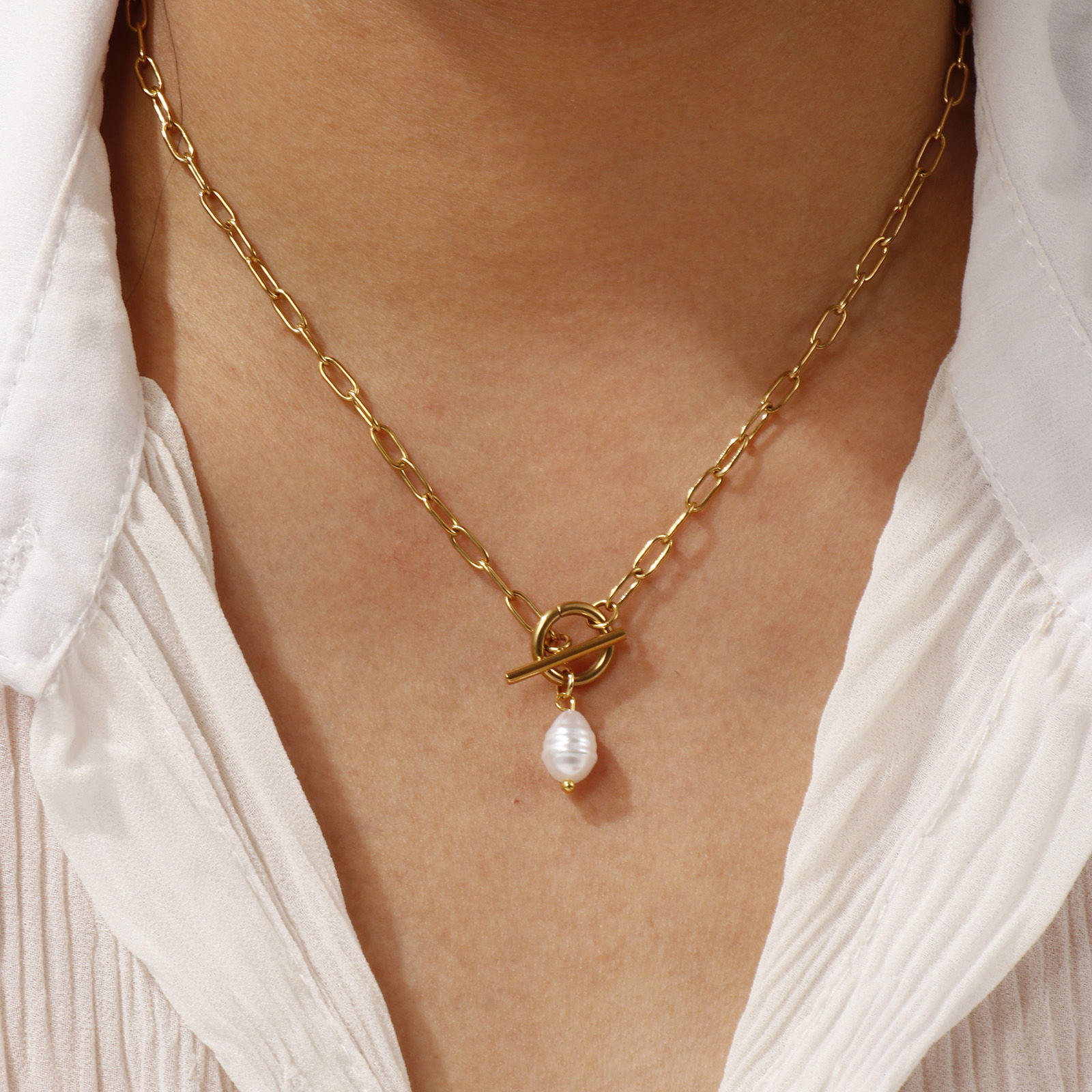Bild von 18K Real Gold Plated Paperclip Link Chain Pendant Charm Necklace, 304 Stainless Steel 45cm(17.7"), For Women, White Acrylic Imitation Pearl, Exquisite Gift, Eco-friendly PVD Vacuum Plating, 1 Piece
