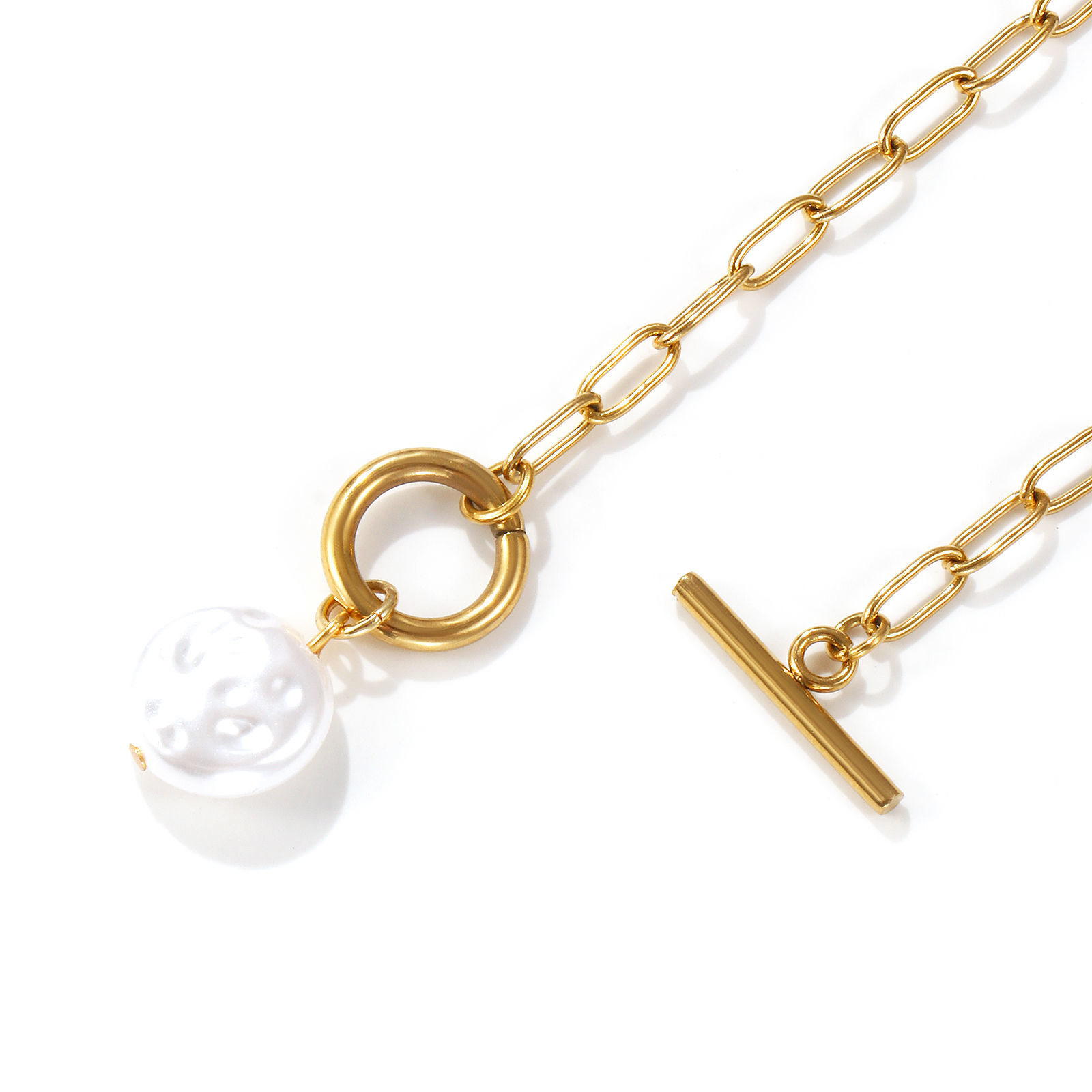 Bild von 18K Real Gold Plated Paperclip Link Chain Pendant Charm Necklace, 304 Stainless Steel 45cm(17.7"), For Women, White Acrylic Imitation Pearl, Exquisite Gift, Eco-friendly PVD Vacuum Plating, 1 Piece