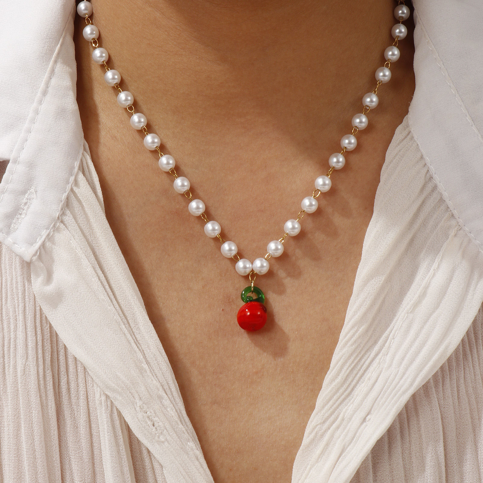 Image de Collier à Breloques Plaqué Or Véritable 18K en 304 Acier Inoxydable & Lampwork Pour Femmes, Chaîne Perlée 45cm, 3D, Exquis Cadeau, Revêtement sous Vide PVD Respectueux de l'Environnement, 1 Pièce