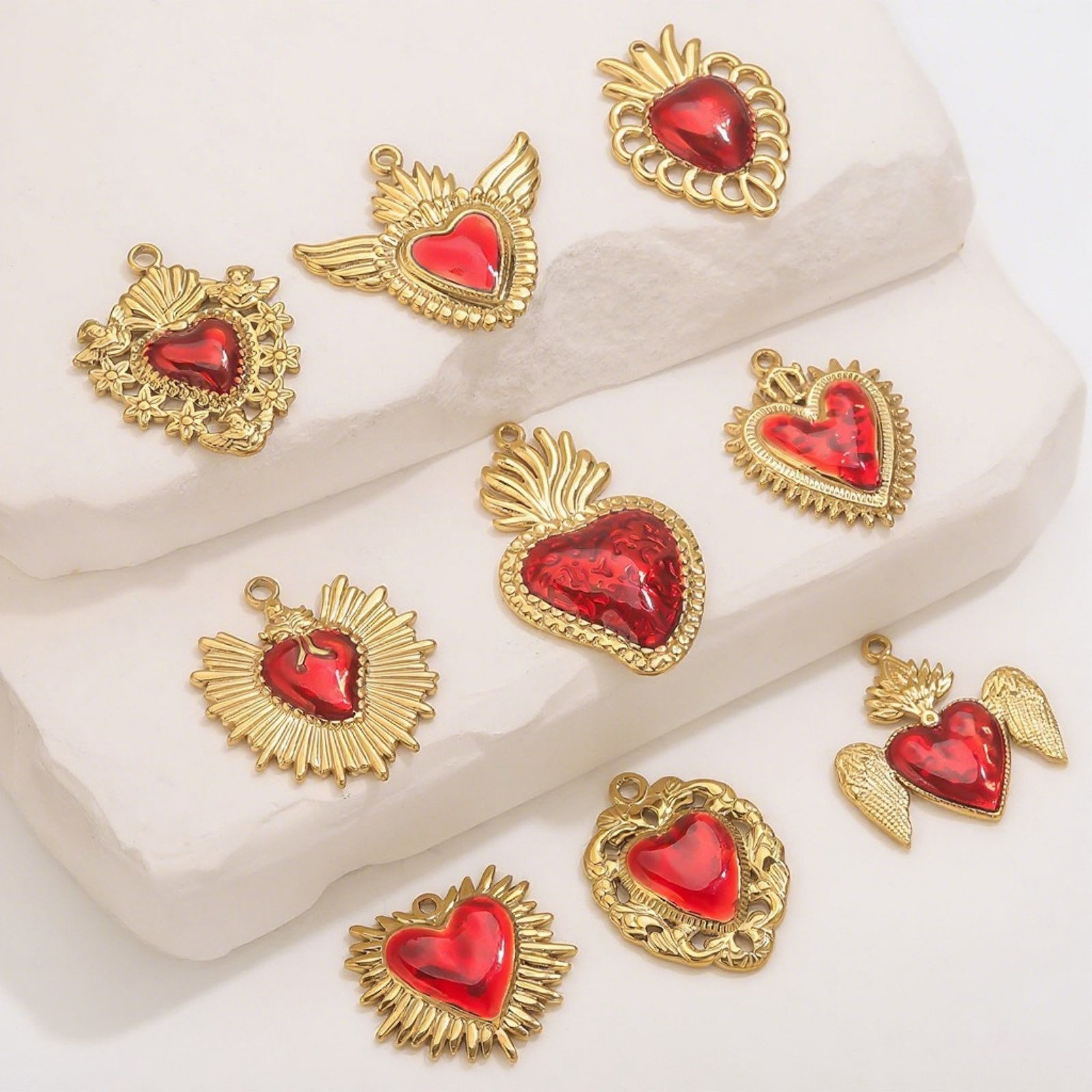 1 Piece Eco-friendly PVD Vacuum Plating 304 Stainless Steel Pendant Charm Necklace 18K Gold Plated Red Heart Enamel の画像
