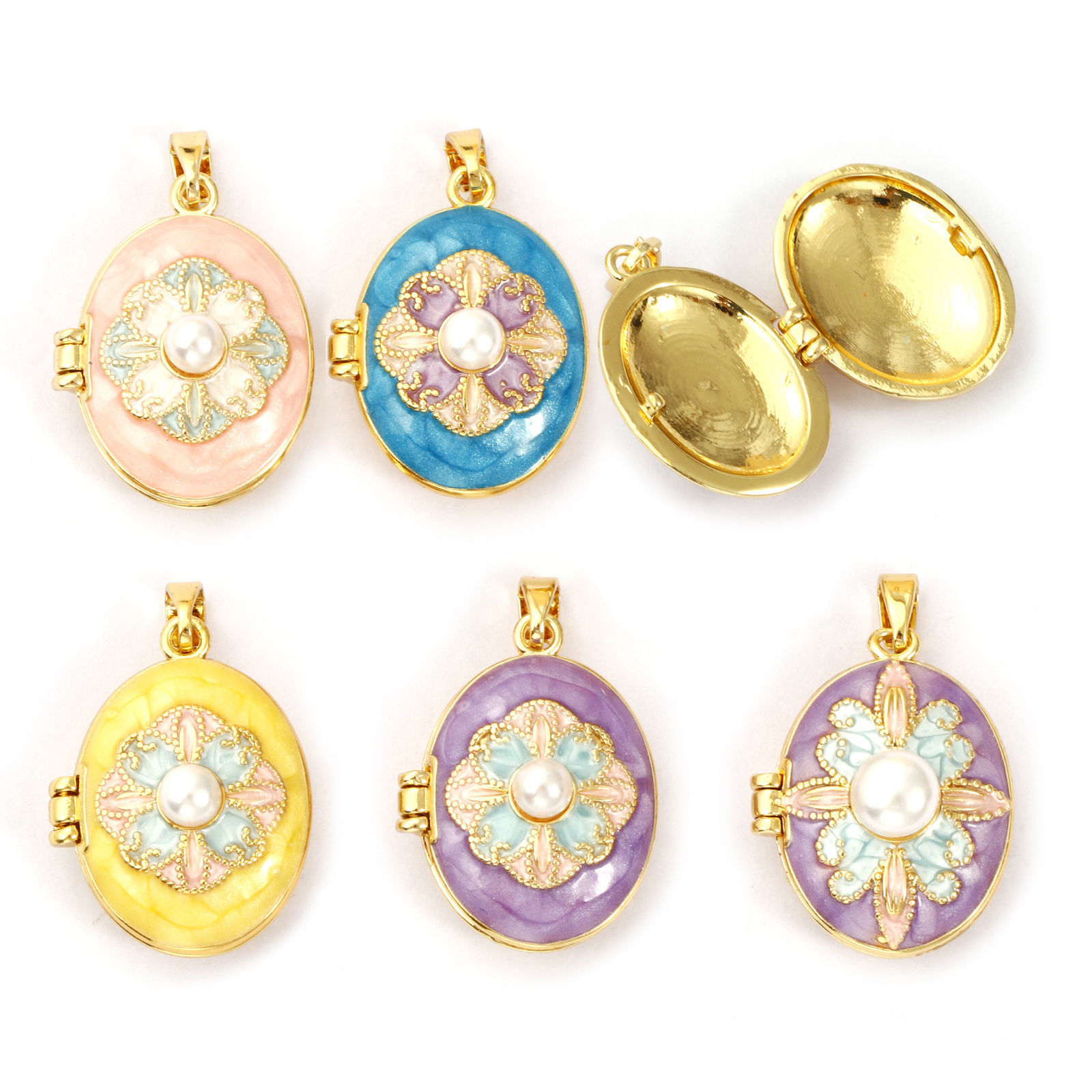 Picture of 1 Piece Brass & Acrylic Picture Photo Locket Frame Pendants 18K Gold Plated Enamel Oval Flower Can Open