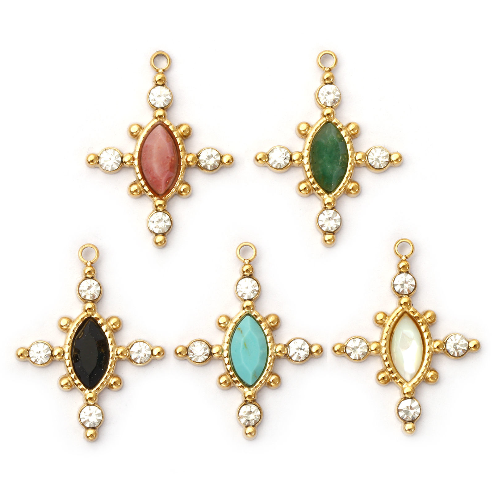 Bild von Umweltfreundliche PVD-Vakuumbeschichtung 304 Edelstahl & Halbedelstein Charms 18K Echtgold plattiert Kreuz Transparent Strass 22mm x 17mm