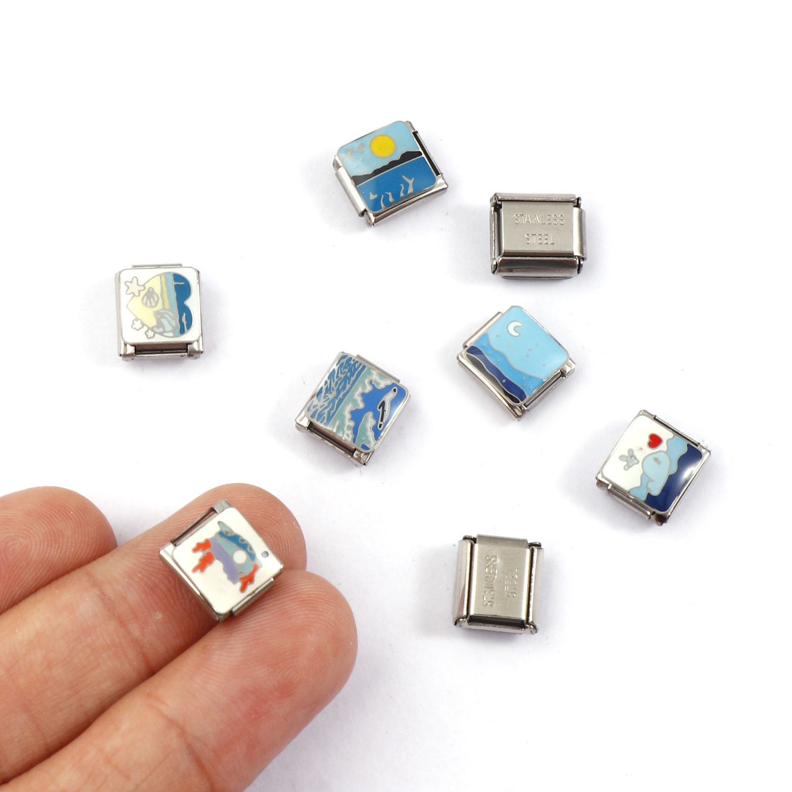 Imagen de 2 Unidades 304 Acero Inoxidable Joyería del océano Charm Pulsera de Eslabones Italianos para Hacer Joyas DIY Tono de Plata Rectángulo Ballena 10mm x 9mm