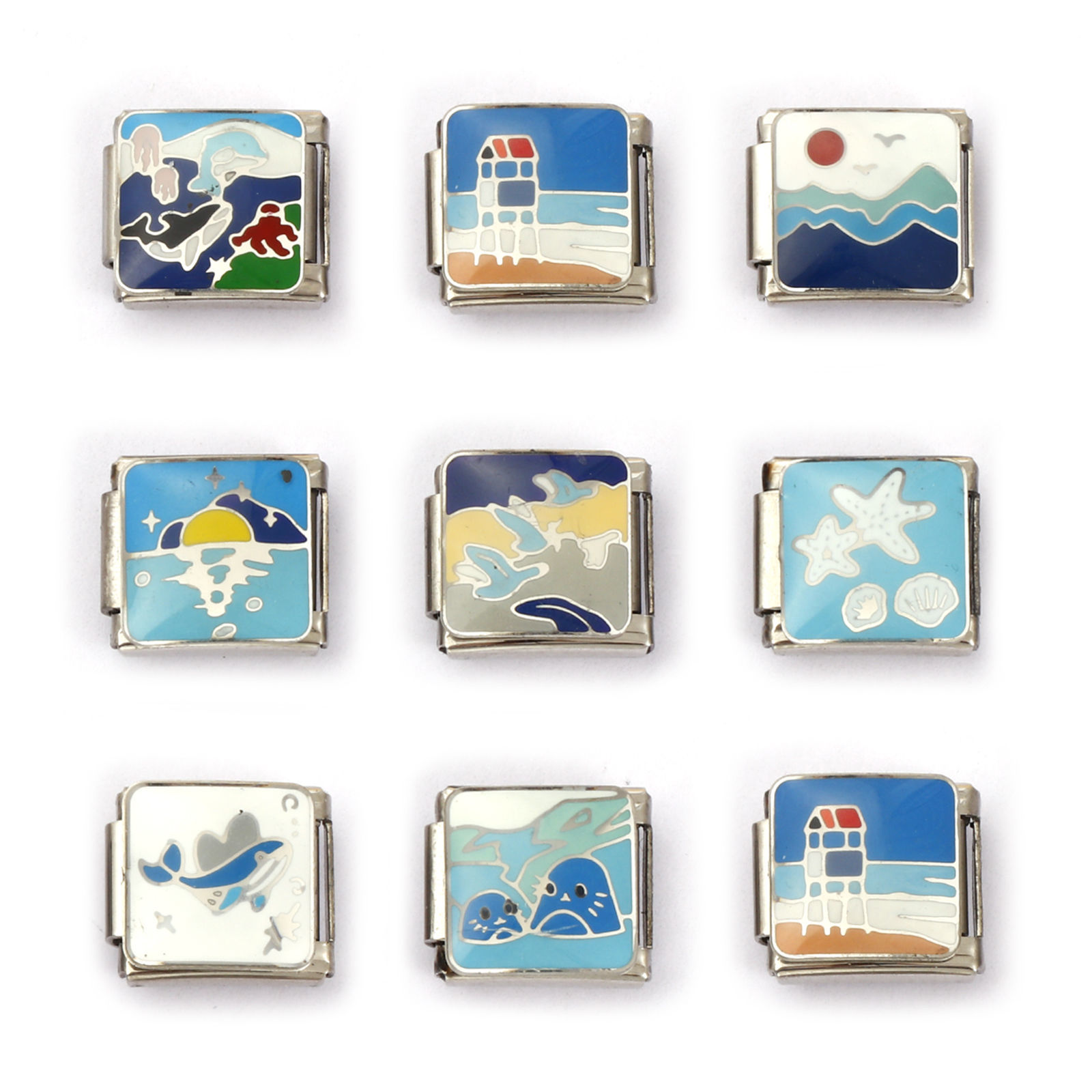 Изображение 2 ШТ 304 Нержавеющая Сталь Морские Украшения Очаровательный итальянский браслет со звеньями Изготовление ювелирных изделий своими руками Серебряный Тон Прямоугольник Морская Звезда 10мм x 9мм