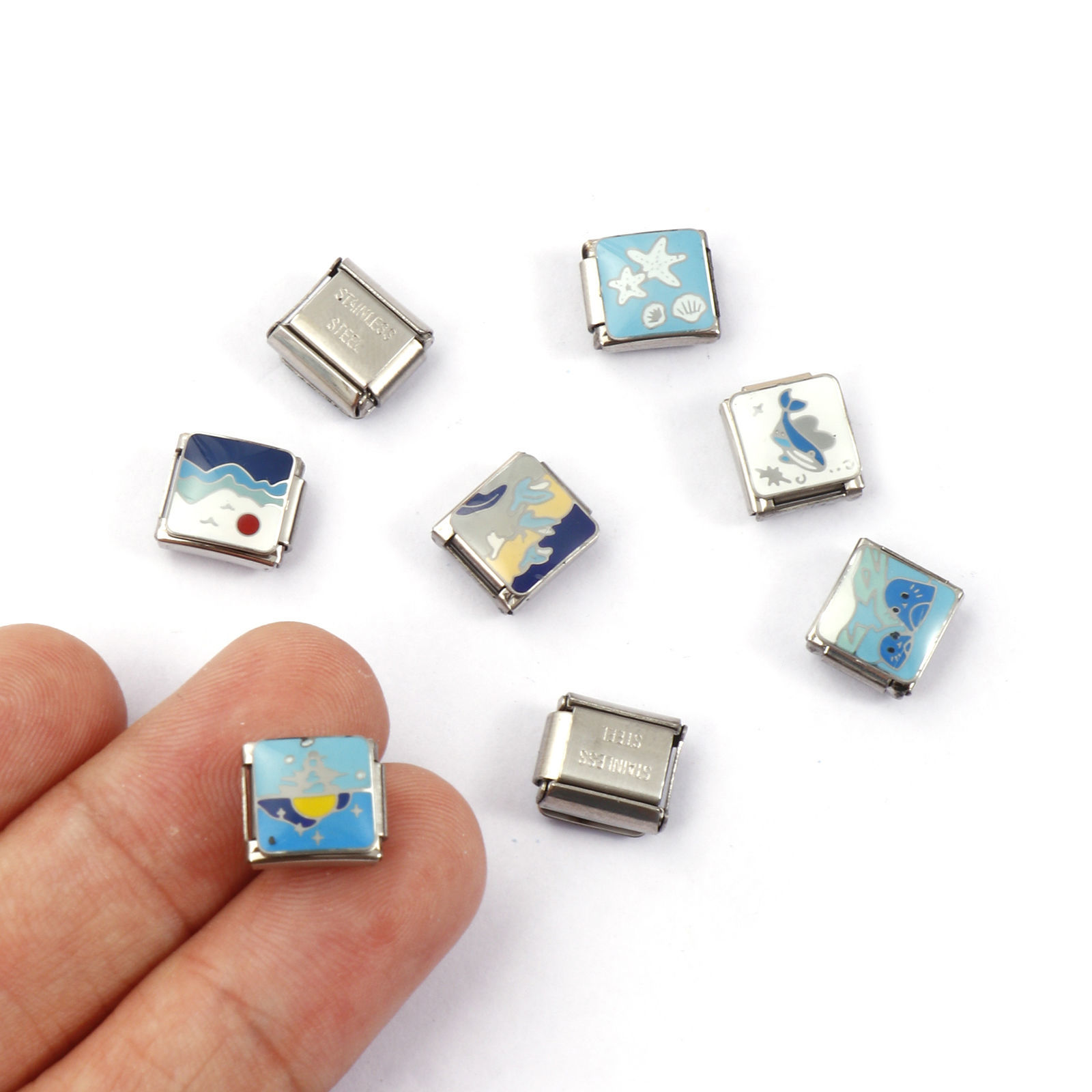 Изображение 2 ШТ 304 Нержавеющая Сталь Морские Украшения Очаровательный итальянский браслет со звеньями Изготовление ювелирных изделий своими руками Серебряный Тон Прямоугольник Морская Звезда 10мм x 9мм