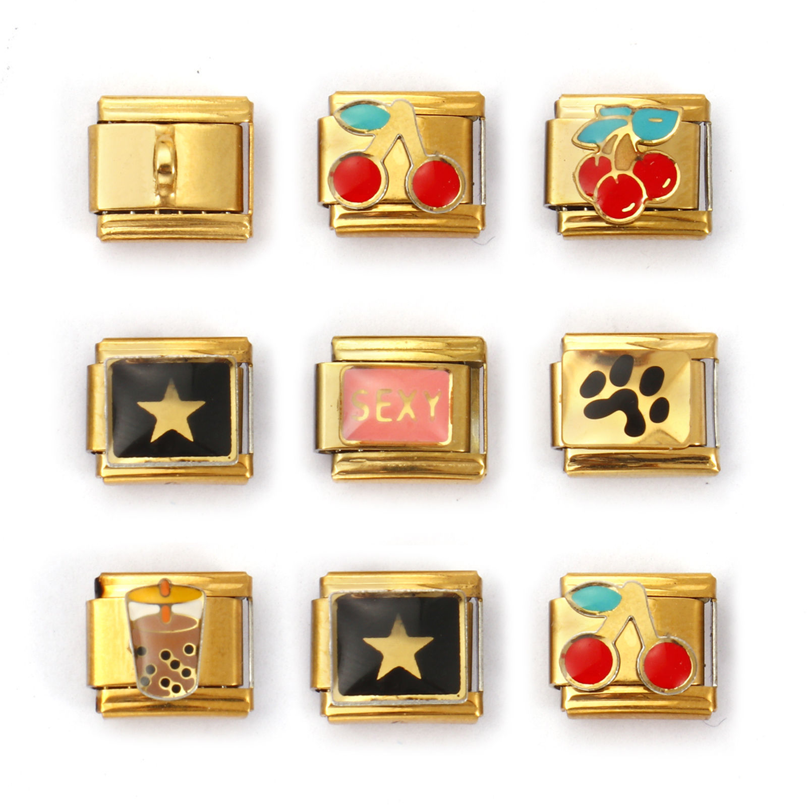 Picture of 304 Stainless Steel Ocean Jewelry Italian Charm Links For DIY Bracelet Jewelry Making 18K Gold Plated Rectangle Cherry Fruit 10mm x 9mm