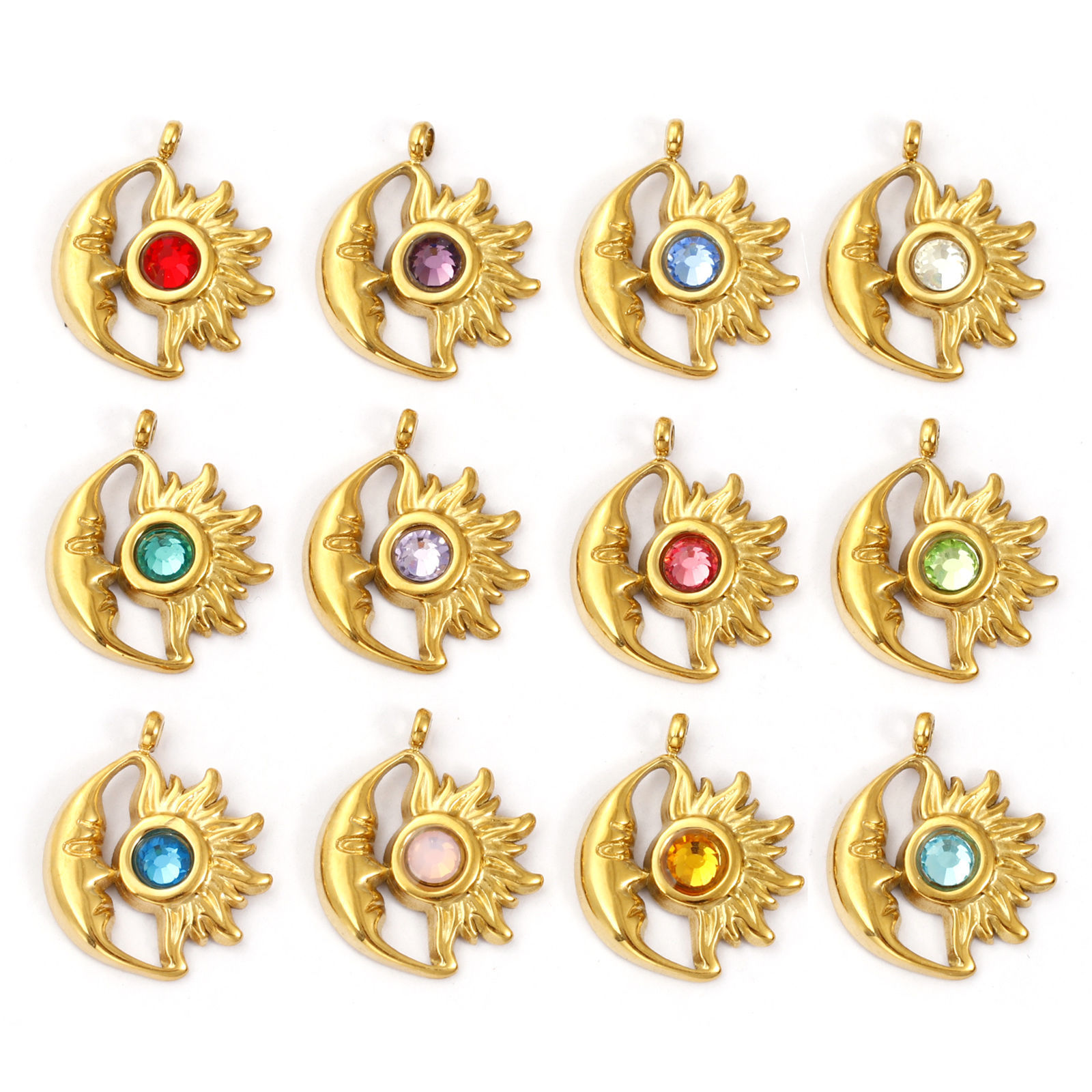 Picture of Eco-friendly PVD Vacuum Plating 304 Stainless Steel Birthstone Charms 18K Gold Plated Sun And Moon Face 19mm x 16mm
