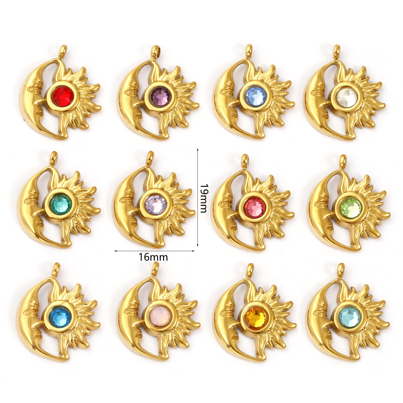 Picture of Eco-friendly PVD Vacuum Plating 304 Stainless Steel Birthstone Charms 18K Gold Plated Sun And Moon Face 19mm x 16mm