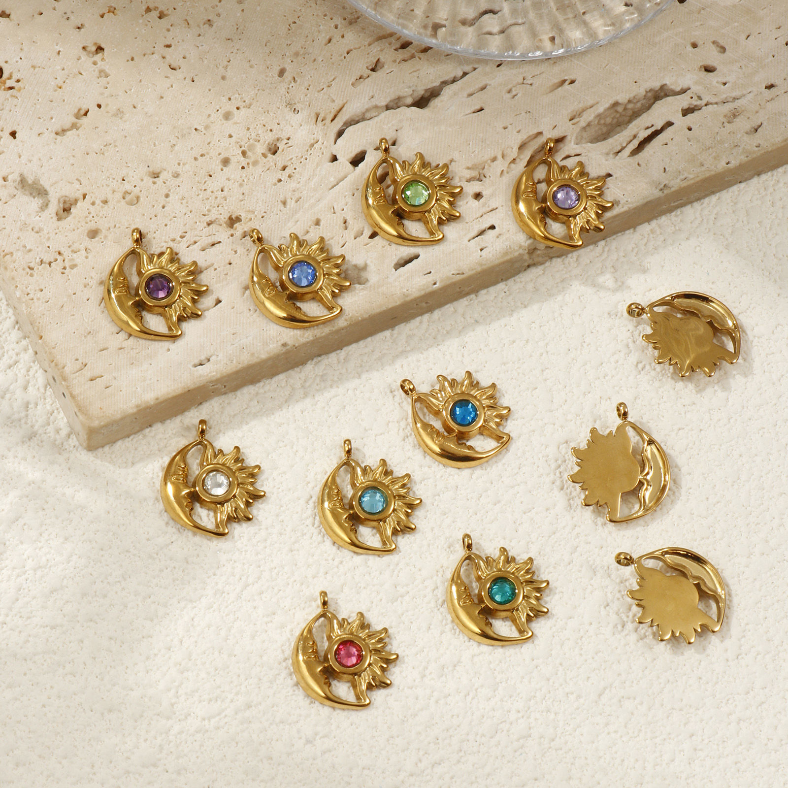 Picture of Eco-friendly PVD Vacuum Plating 304 Stainless Steel Birthstone Charms 18K Gold Plated Sun And Moon Face 19mm x 16mm