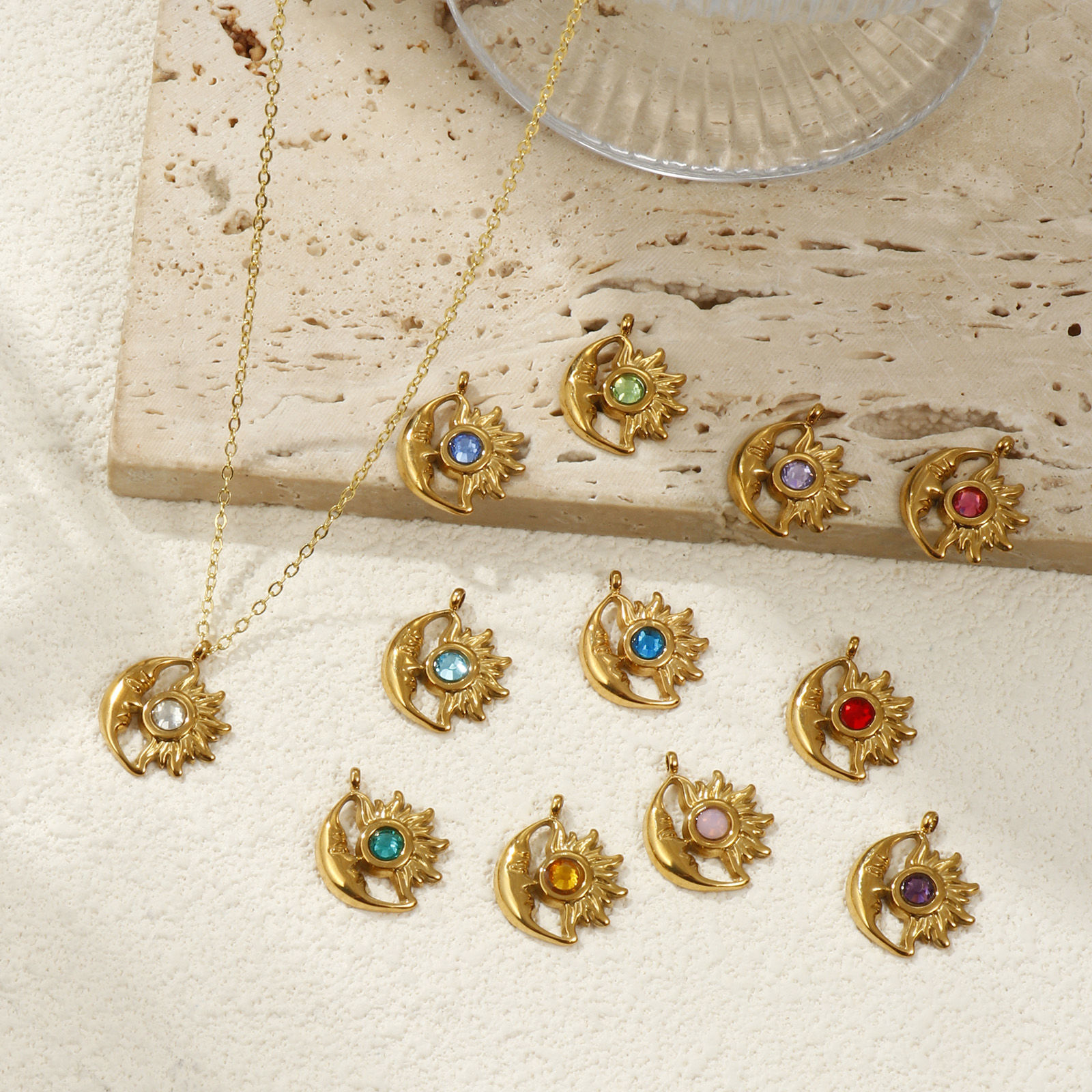 Picture of Eco-friendly PVD Vacuum Plating 304 Stainless Steel Birthstone Charms 18K Gold Plated Sun And Moon Face 19mm x 16mm