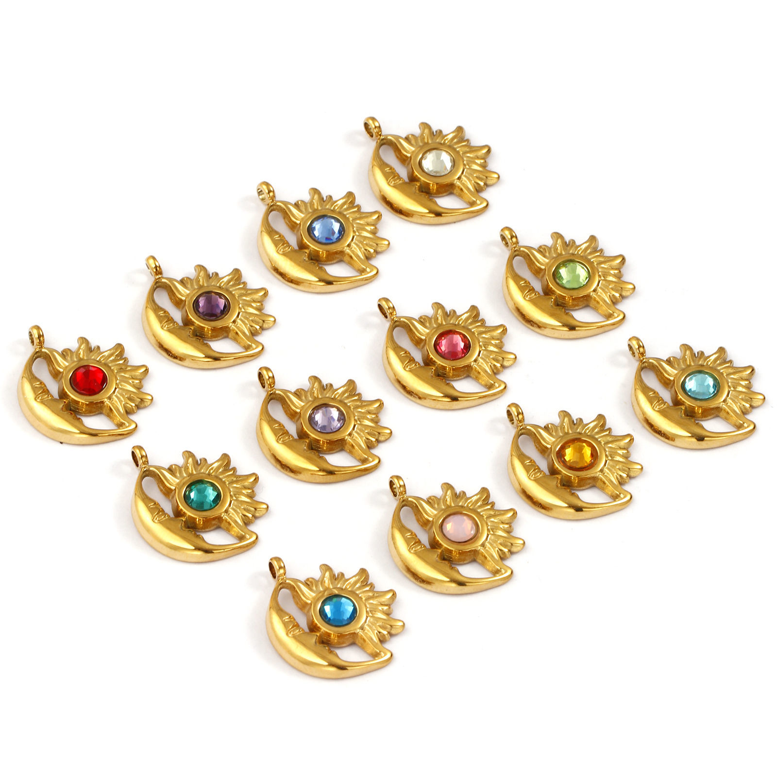 Picture of Eco-friendly PVD Vacuum Plating 304 Stainless Steel Birthstone Charms 18K Gold Plated Sun And Moon Face 19mm x 16mm