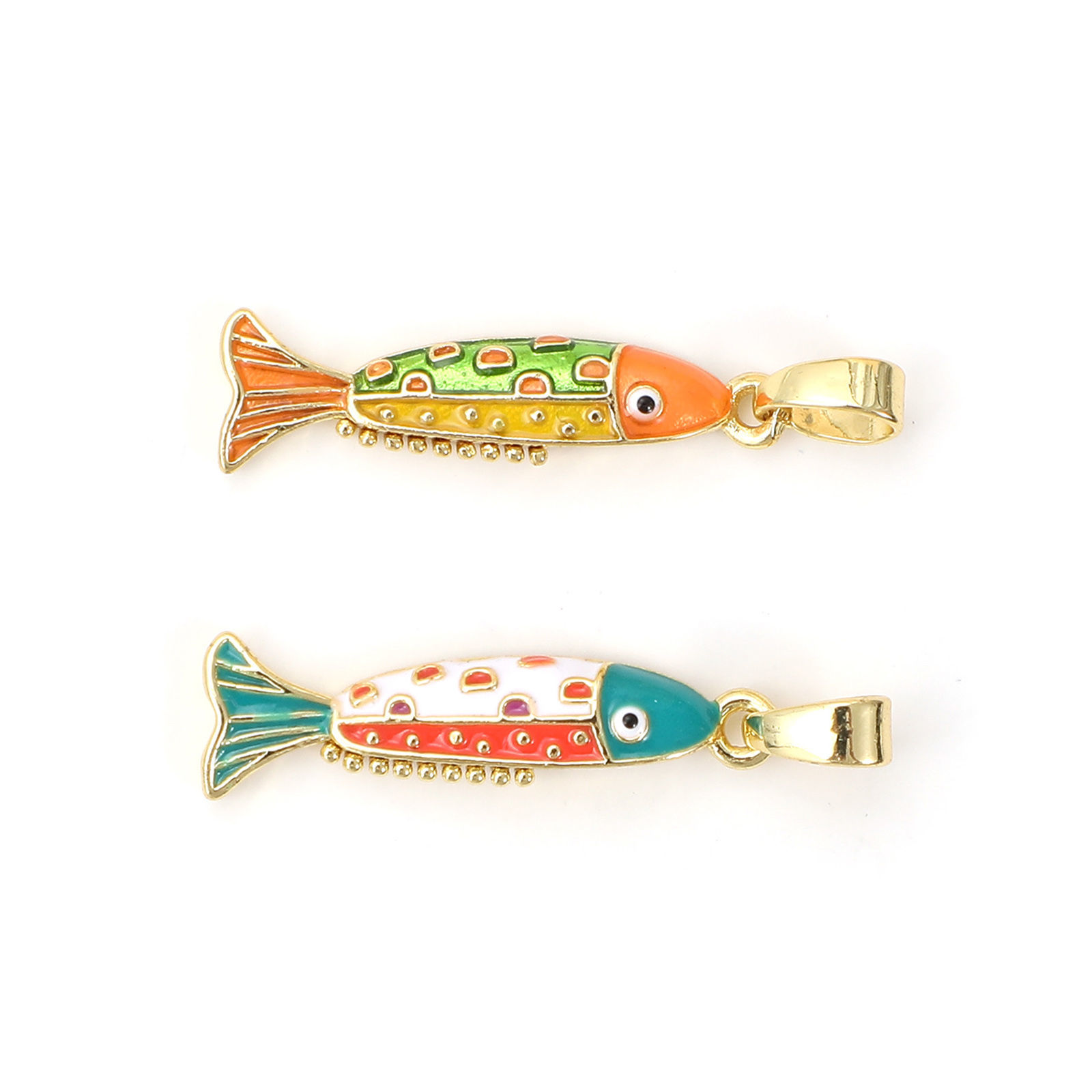 Picture of 2 PCs Eco-friendly Brass Ocean Jewelry Charm Pendant 18K Real Gold Plated Multicolor Enamel Fish Animal 27mm x 6.5mm