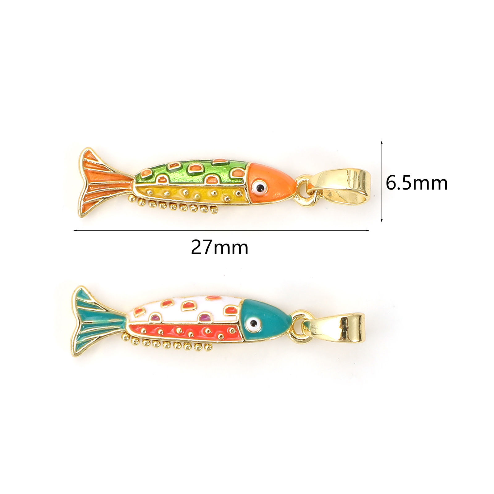 Picture of 2 PCs Eco-friendly Brass Ocean Jewelry Charm Pendant 18K Real Gold Plated Multicolor Enamel Fish Animal 27mm x 6.5mm
