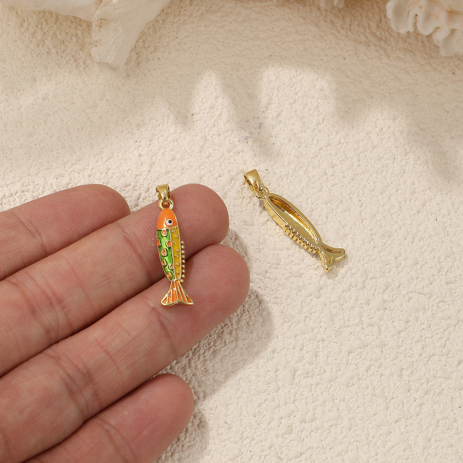 Picture of 2 PCs Eco-friendly Brass Ocean Jewelry Charm Pendant 18K Real Gold Plated Multicolor Enamel Fish Animal 27mm x 6.5mm