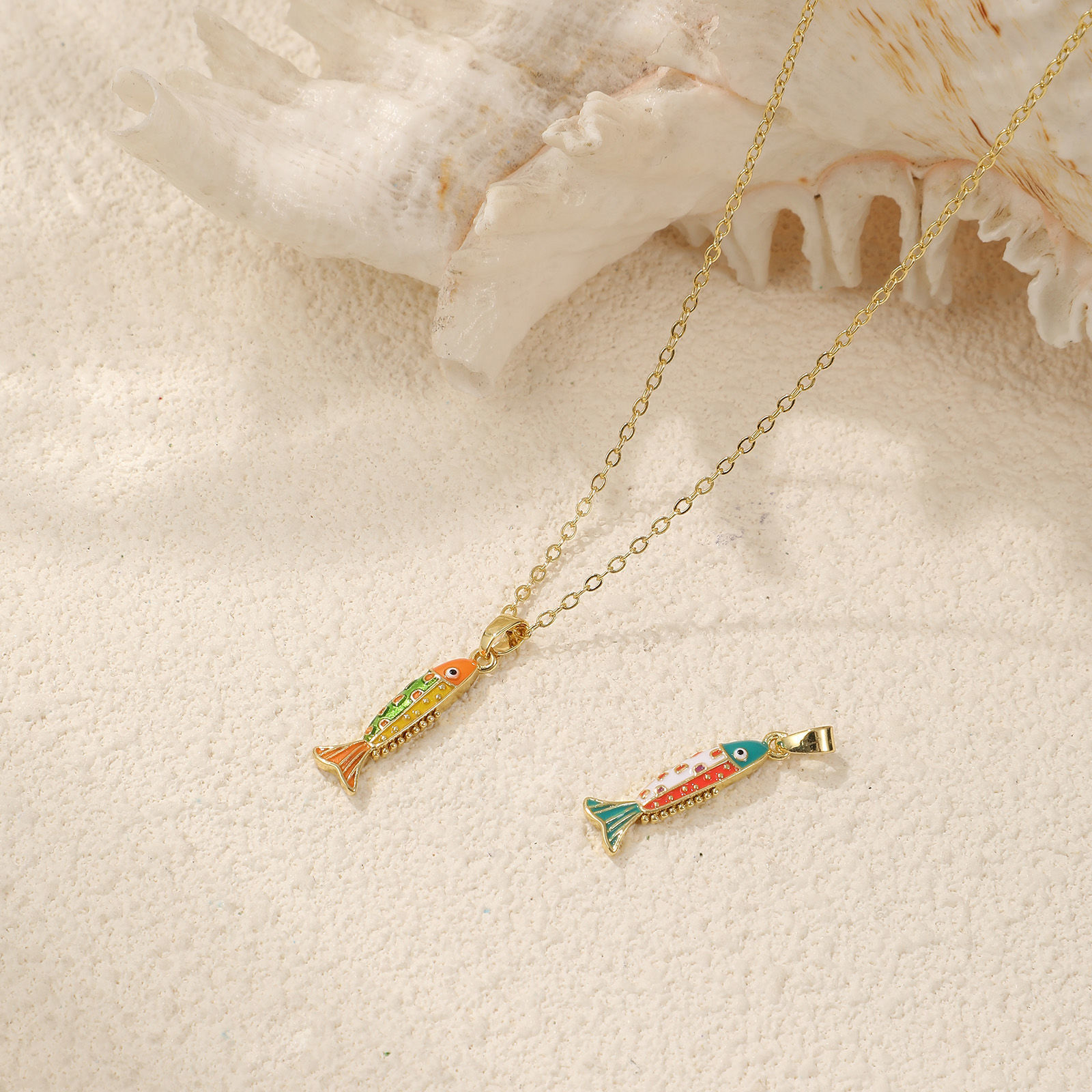 Picture of 2 PCs Eco-friendly Brass Ocean Jewelry Charm Pendant 18K Real Gold Plated Multicolor Enamel Fish Animal 27mm x 6.5mm