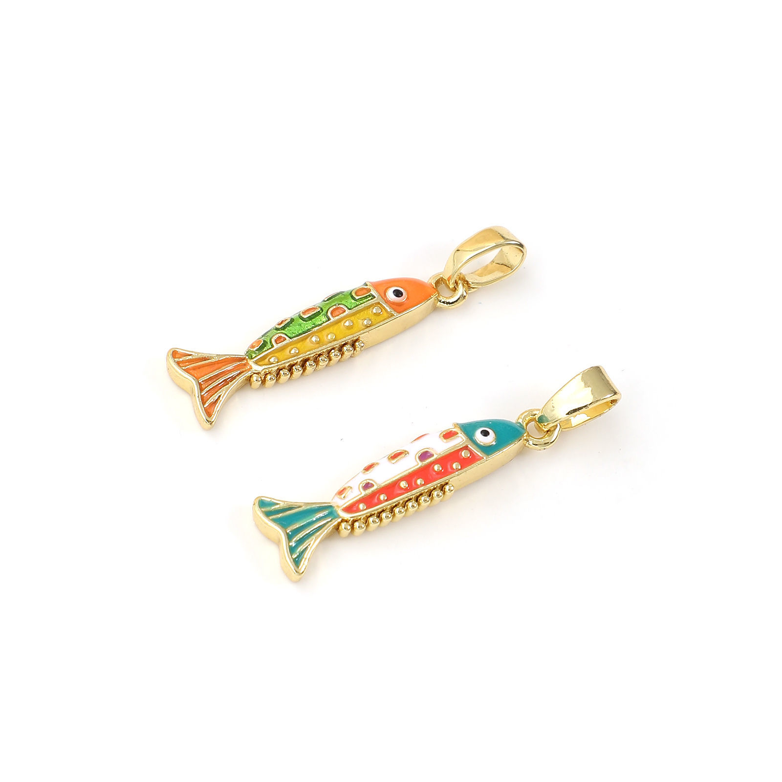 Picture of 2 PCs Eco-friendly Brass Ocean Jewelry Charm Pendant 18K Real Gold Plated Multicolor Enamel Fish Animal 27mm x 6.5mm