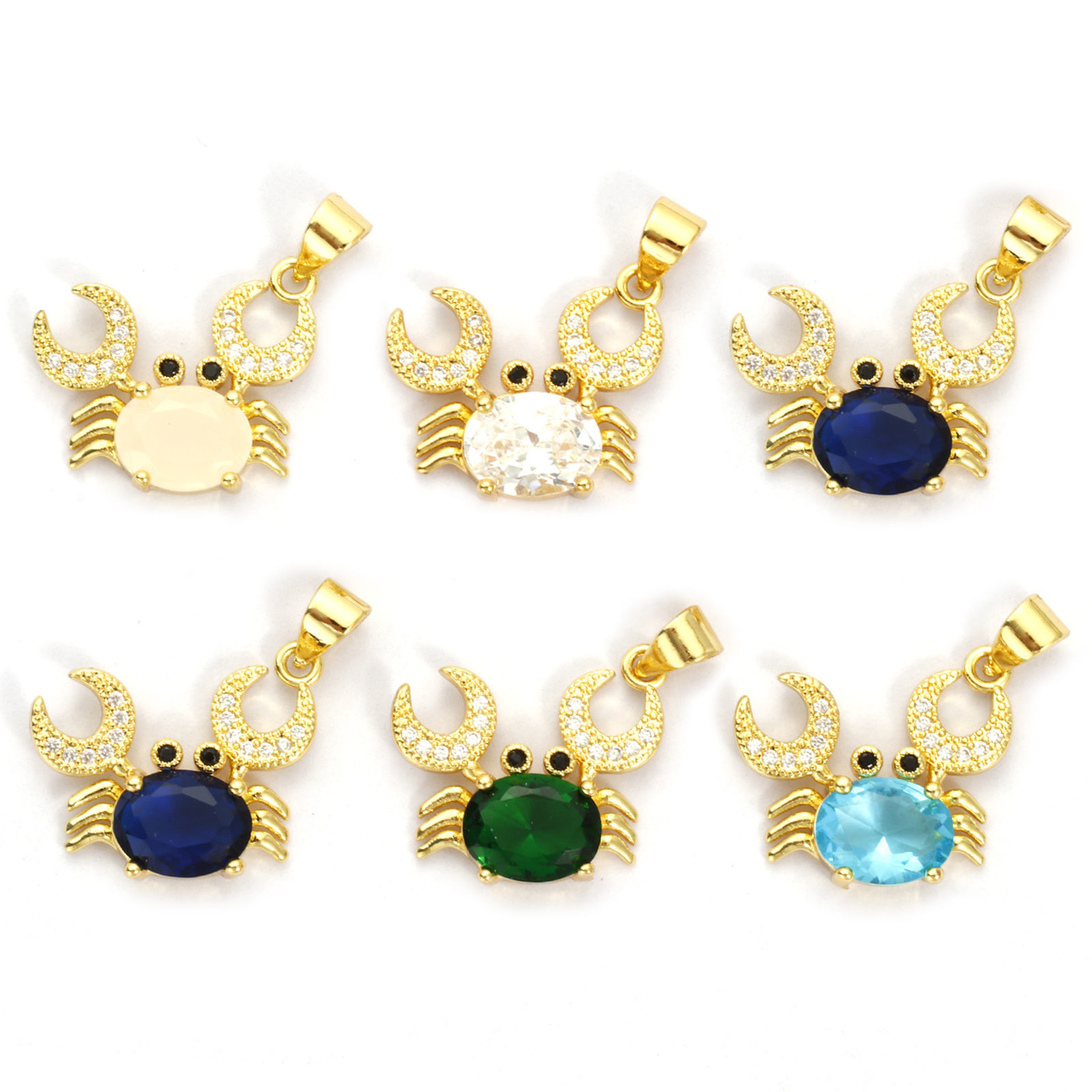 Picture of Eco-friendly Brass & Glass Ocean Jewelry Charm Pendant 18K Real Gold Plated Crab Animal Micro Pave Clear Cubic Zirconia 20mm x 19mm
