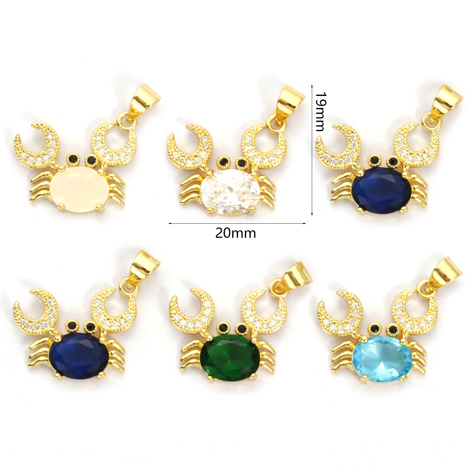 Picture of Eco-friendly Brass & Glass Ocean Jewelry Charm Pendant 18K Real Gold Plated Crab Animal Micro Pave Clear Cubic Zirconia 20mm x 19mm
