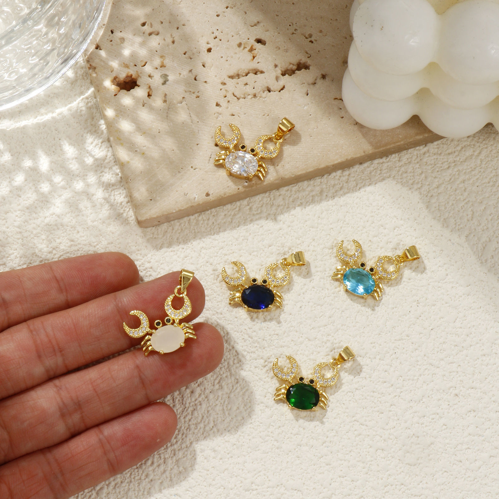 Picture of Eco-friendly Brass & Glass Ocean Jewelry Charm Pendant 18K Real Gold Plated Crab Animal Micro Pave Clear Cubic Zirconia 20mm x 19mm