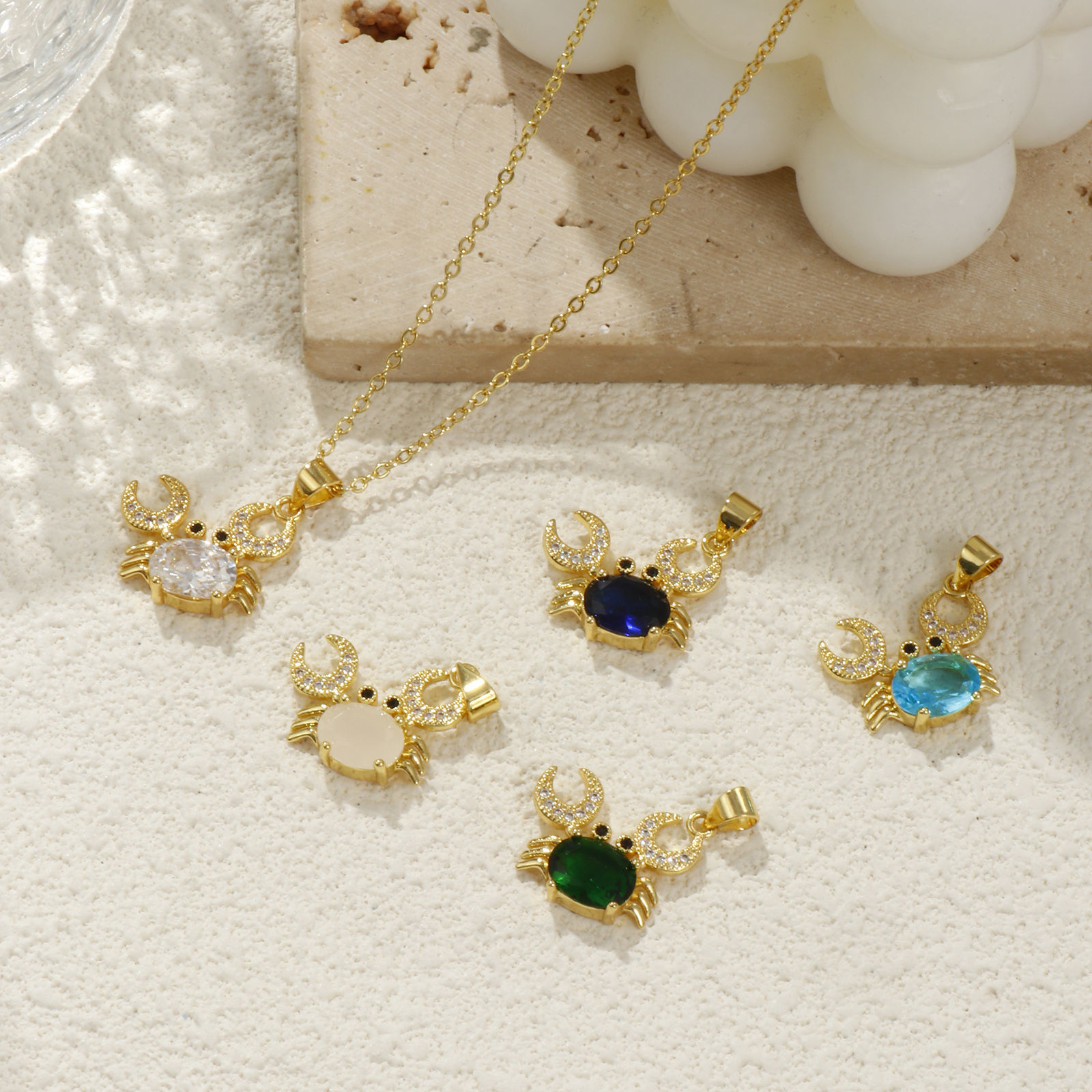 Picture of Eco-friendly Brass & Glass Ocean Jewelry Charm Pendant 18K Real Gold Plated Crab Animal Micro Pave Clear Cubic Zirconia 20mm x 19mm
