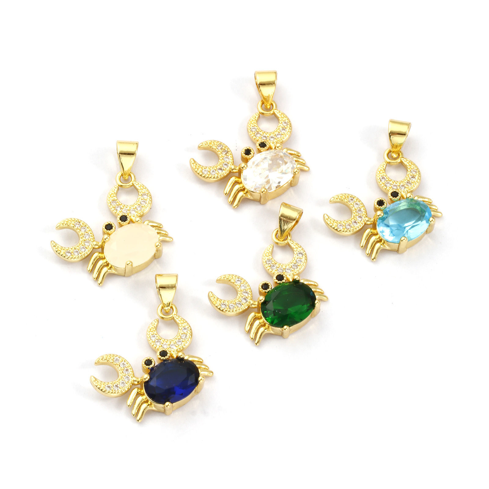 Picture of Eco-friendly Brass & Glass Ocean Jewelry Charm Pendant 18K Real Gold Plated Crab Animal Micro Pave Clear Cubic Zirconia 20mm x 19mm