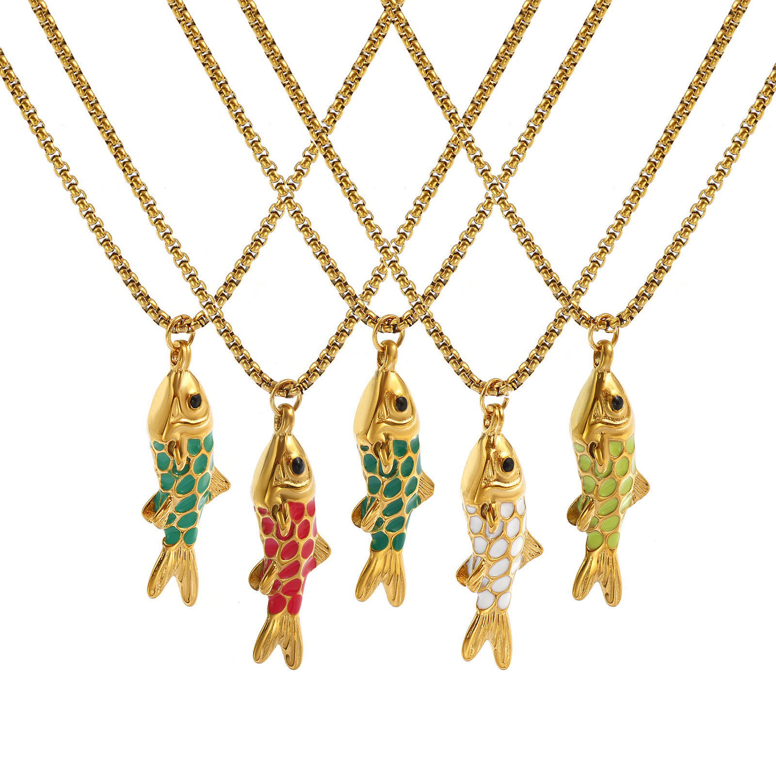 Изображение 18K Real Gold Plated Box Chain Fish Animal Pendant Charm Necklace, 304 Stainless Steel 45cm(17.7") + 5cm(2"), For Women, Enamel 3D, Stylish Ocean Jewelry Gift, Eco-friendly PVD Vacuum Plating