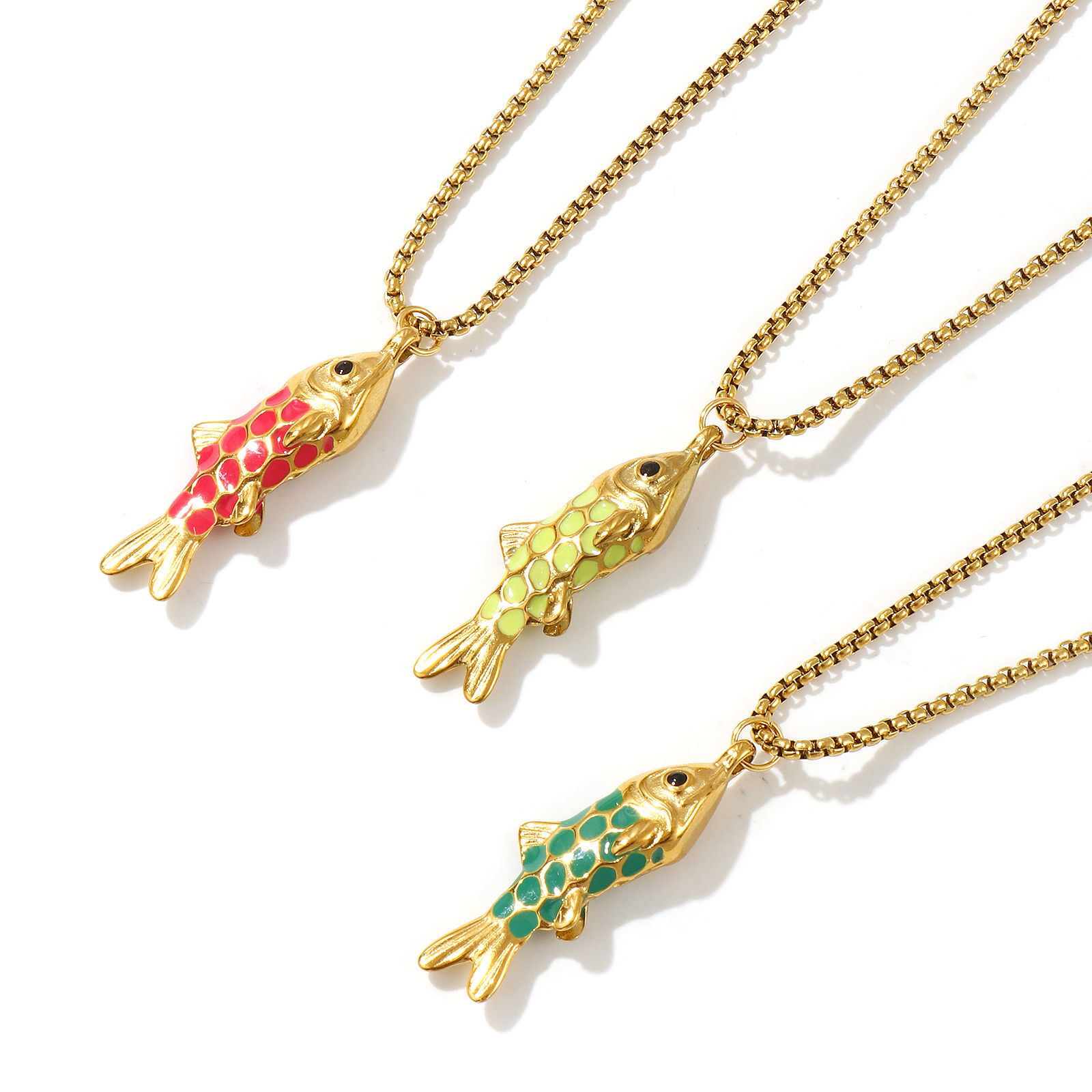 Изображение 18K Real Gold Plated Box Chain Fish Animal Pendant Charm Necklace, 304 Stainless Steel 45cm(17.7") + 5cm(2"), For Women, Enamel 3D, Stylish Ocean Jewelry Gift, Eco-friendly PVD Vacuum Plating