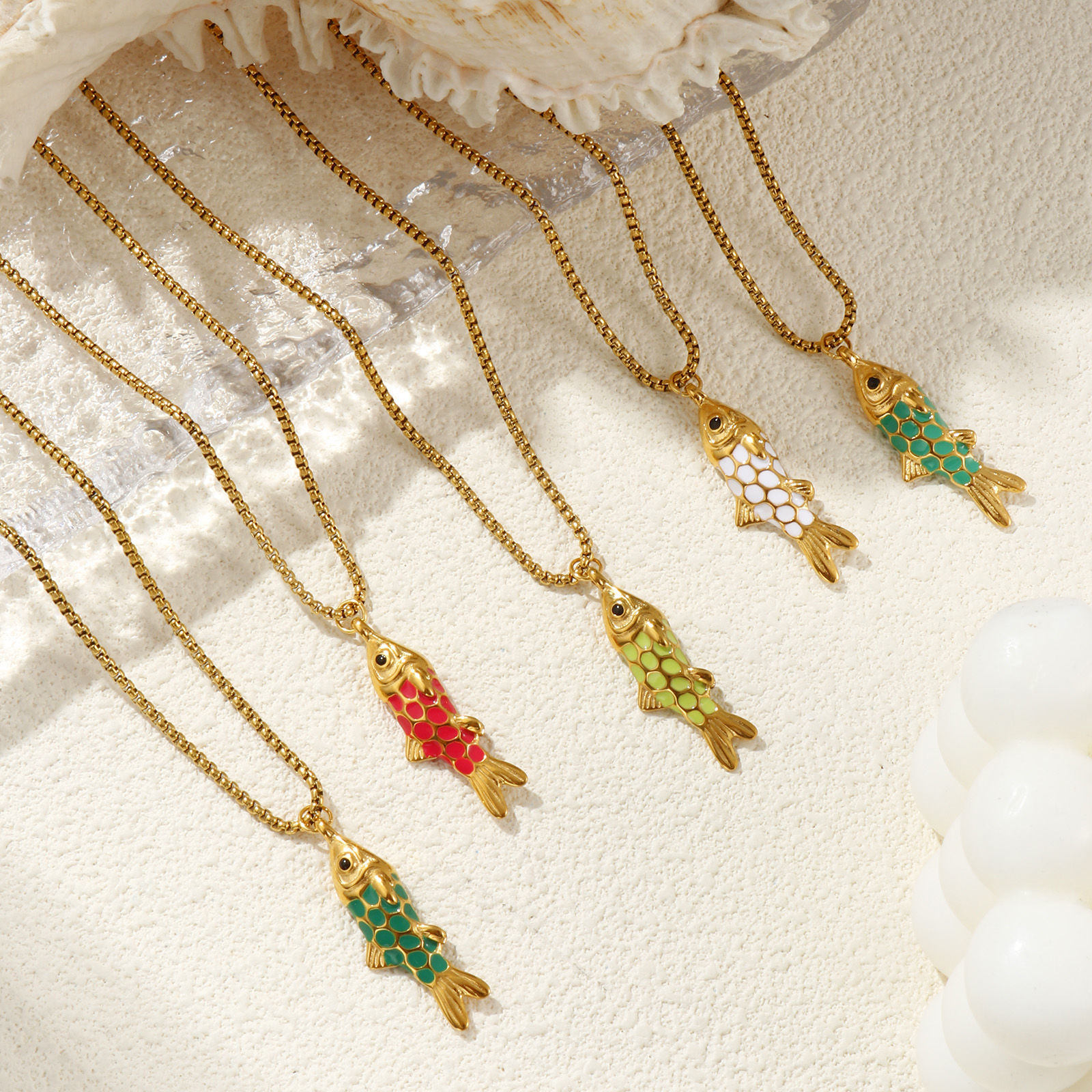 Изображение 18K Real Gold Plated Box Chain Fish Animal Pendant Charm Necklace, 304 Stainless Steel 45cm(17.7") + 5cm(2"), For Women, Enamel 3D, Stylish Ocean Jewelry Gift, Eco-friendly PVD Vacuum Plating