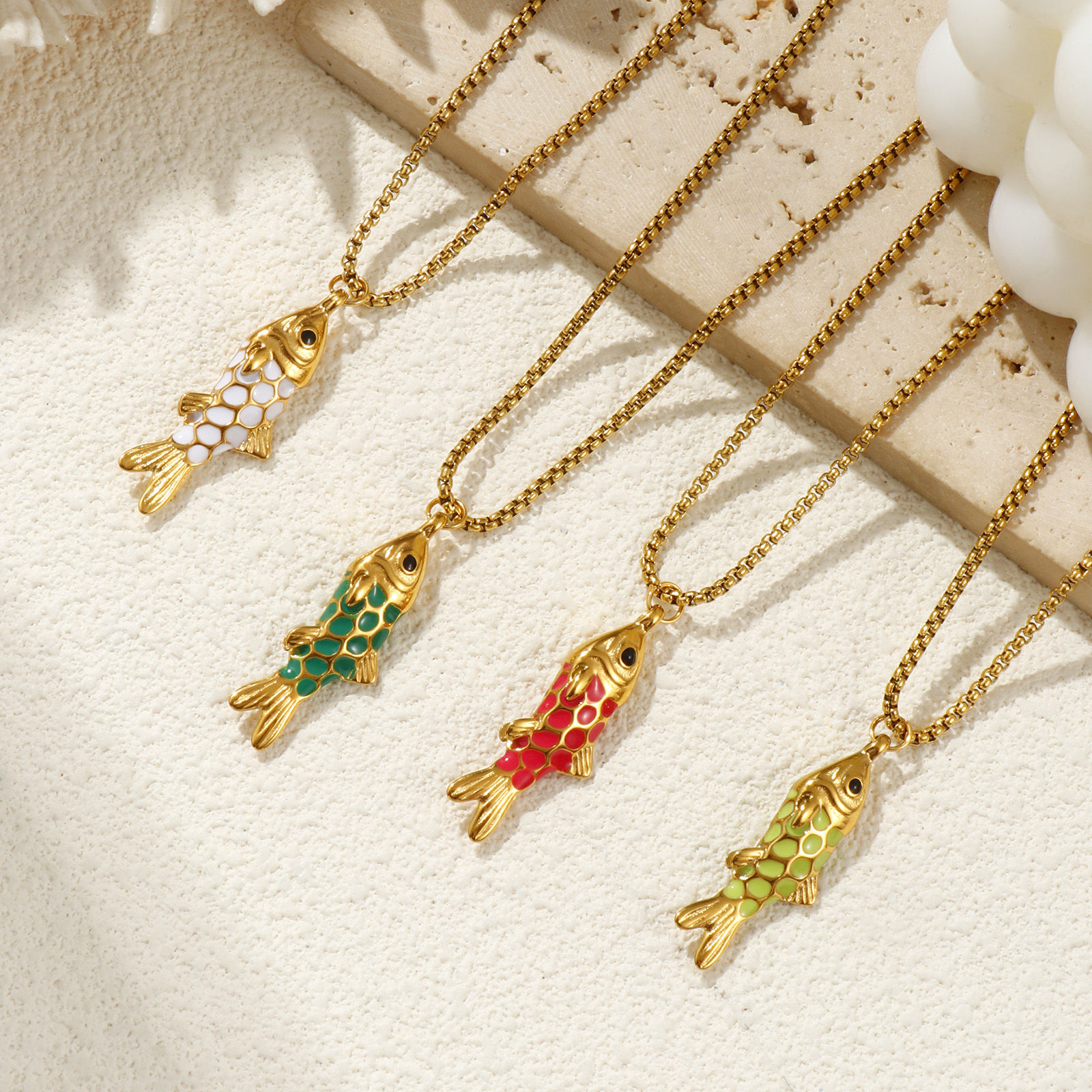 Изображение 18K Real Gold Plated Box Chain Fish Animal Pendant Charm Necklace, 304 Stainless Steel 45cm(17.7") + 5cm(2"), For Women, Enamel 3D, Stylish Ocean Jewelry Gift, Eco-friendly PVD Vacuum Plating