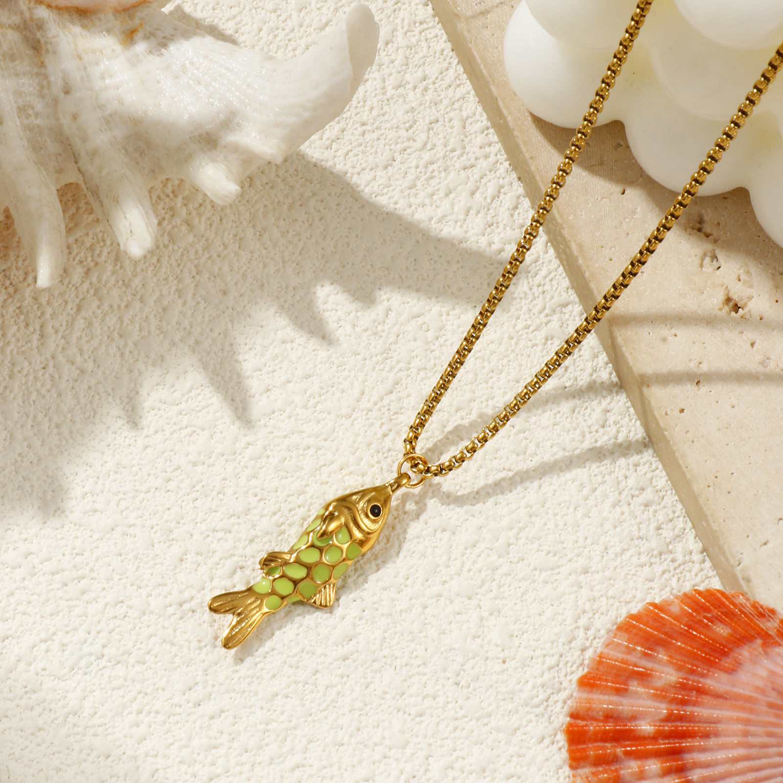Изображение 18K Real Gold Plated Box Chain Fish Animal Pendant Charm Necklace, 304 Stainless Steel 45cm(17.7") + 5cm(2"), For Women, Enamel 3D, Stylish Ocean Jewelry Gift, Eco-friendly PVD Vacuum Plating