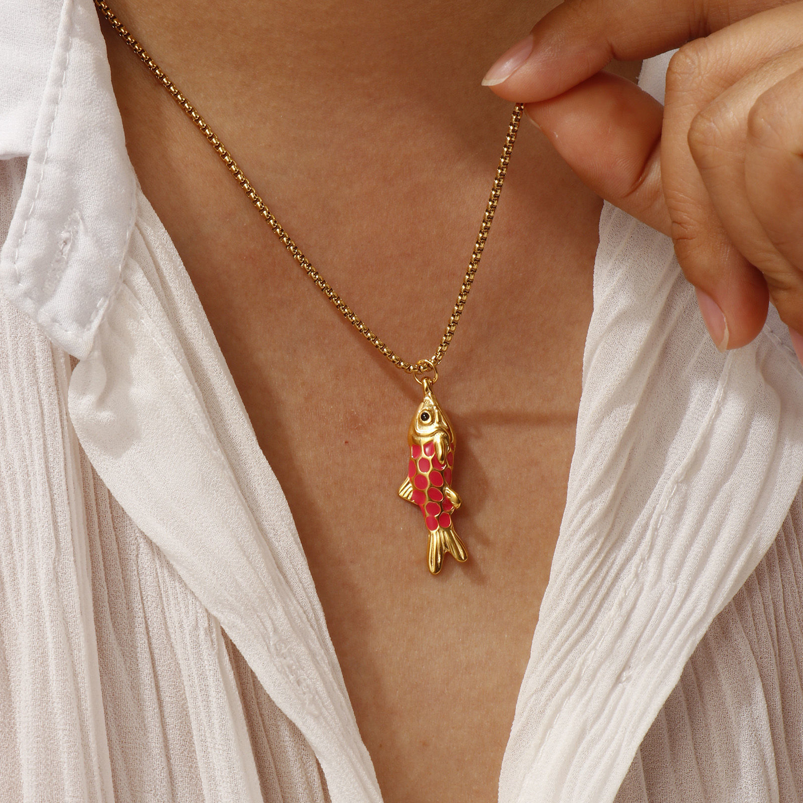 Изображение 18K Real Gold Plated Box Chain Fish Animal Pendant Charm Necklace, 304 Stainless Steel 45cm(17.7") + 5cm(2"), For Women, Enamel 3D, Stylish Ocean Jewelry Gift, Eco-friendly PVD Vacuum Plating
