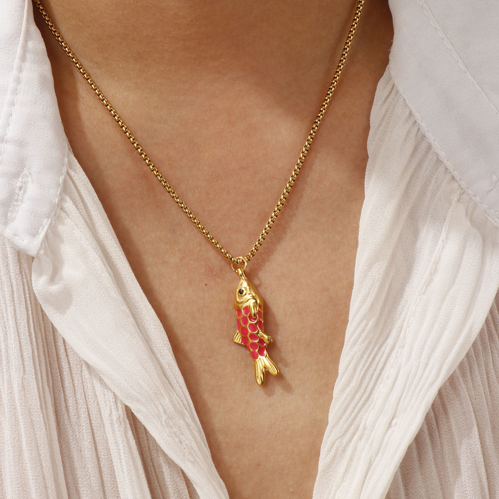 Изображение 18K Real Gold Plated Box Chain Fish Animal Pendant Charm Necklace, 304 Stainless Steel 45cm(17.7") + 5cm(2"), For Women, Enamel 3D, Stylish Ocean Jewelry Gift, Eco-friendly PVD Vacuum Plating