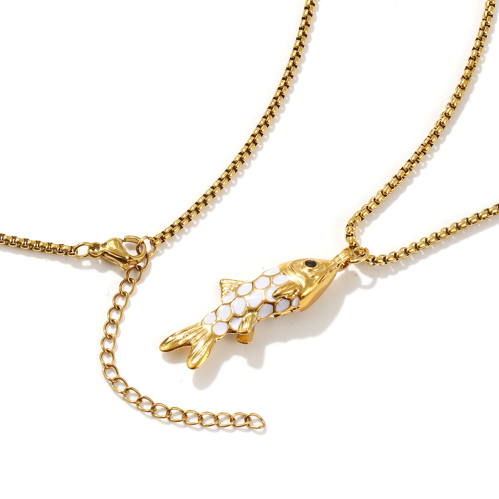 Изображение 18K Real Gold Plated Box Chain Fish Animal Pendant Charm Necklace, 304 Stainless Steel 45cm(17.7") + 5cm(2"), For Women, Enamel 3D, Stylish Ocean Jewelry Gift, Eco-friendly PVD Vacuum Plating