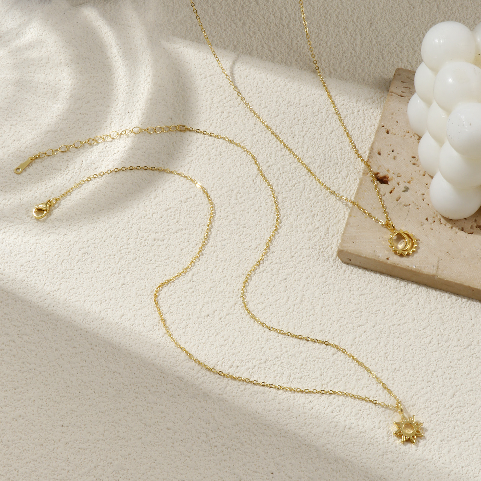 Picture of 18K Real Gold Plated Link Cable Chain Sun & Moon Pendant Charm Necklace, Brass 46cm(18.1") + 6cm(2.4"), For Women, Exquisite Galaxy Eco-friendly