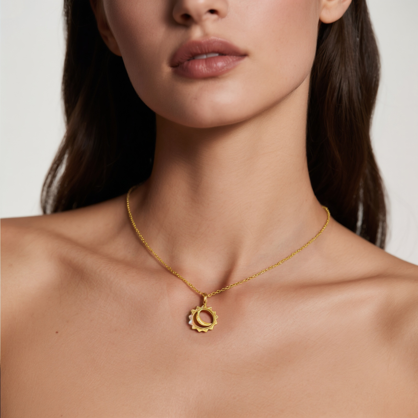 Picture of 18K Real Gold Plated Link Cable Chain Sun & Moon Pendant Charm Necklace, Brass 46cm(18.1") + 6cm(2.4"), For Women, Exquisite Galaxy Eco-friendly