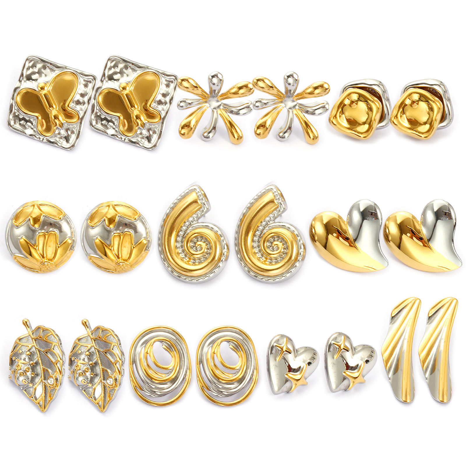 Picture of 1 Pair Eco-friendly PVD Vacuum Plating Dainty Exquisite 18K Real Gold Plated & Silver Tone 304 Stainless Steel Two Tone Ear Post Stud Earrings For Women Gift