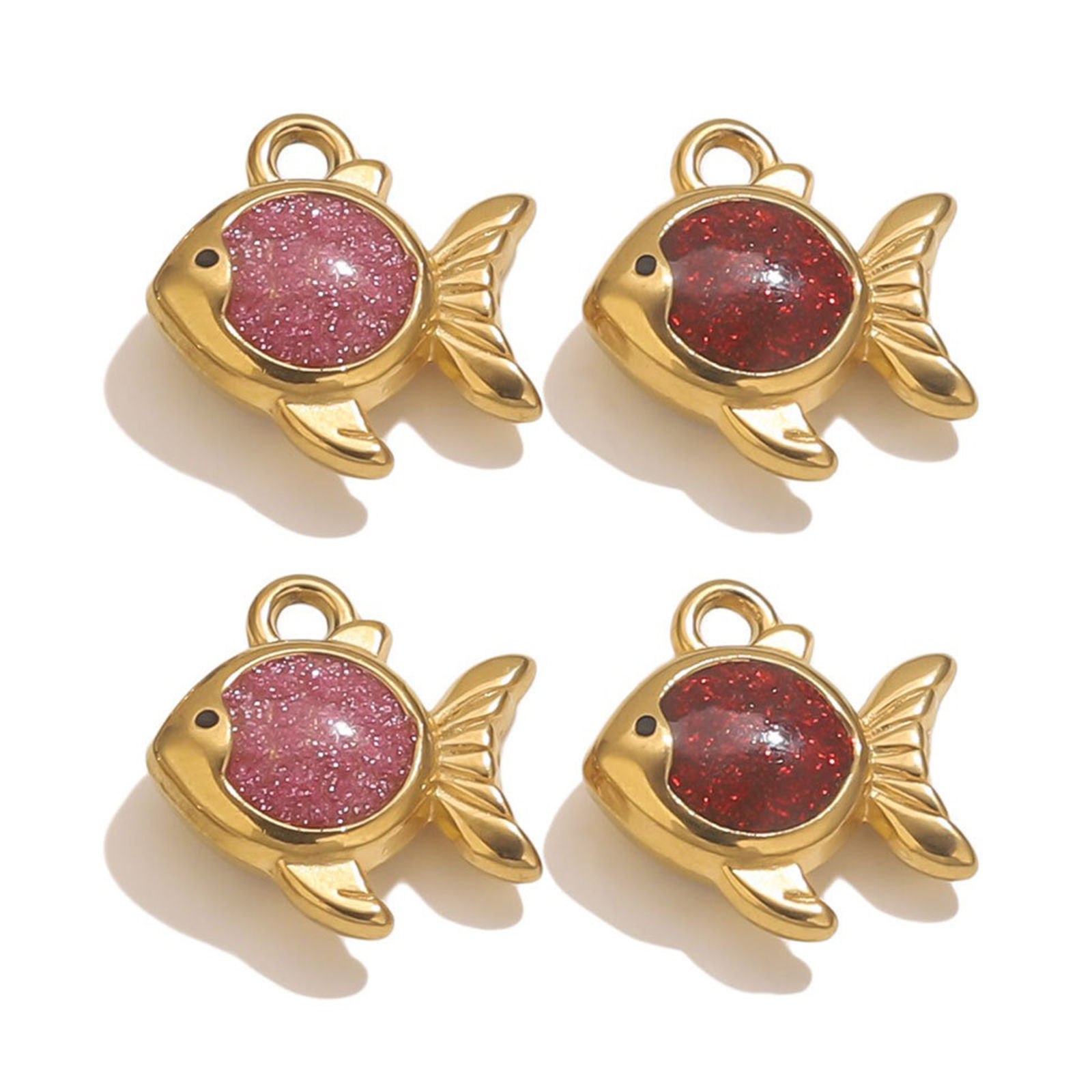 Picture of Vacuum Plating 304 Stainless Steel Ocean Jewelry Charms 18K Gold Plated Enamel Goldfish Glitter 15.5mm x 15mm