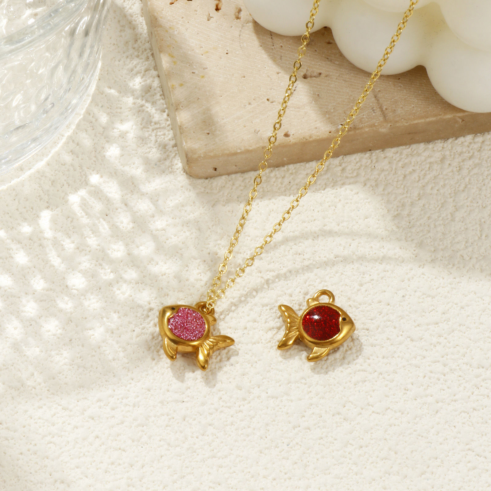 Picture of Vacuum Plating 304 Stainless Steel Ocean Jewelry Charms 18K Gold Plated Enamel Goldfish Glitter 15.5mm x 15mm