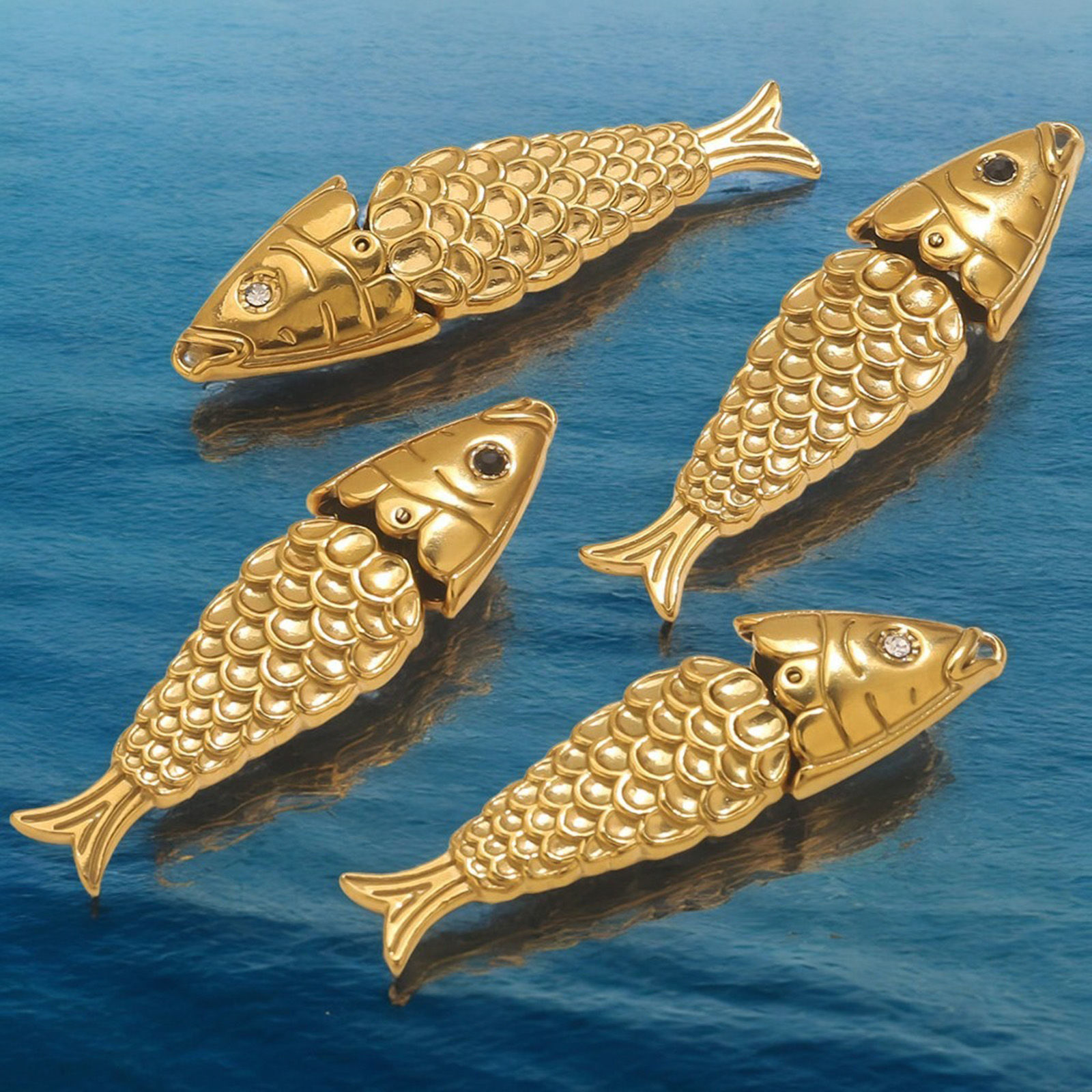 Picture of Vacuum Plating 304 Stainless Steel & Cubic Zirconia Ocean Jewelry Pendants 18K Gold Plated Fish Animal 3D Movable 5cm x 1.4cm