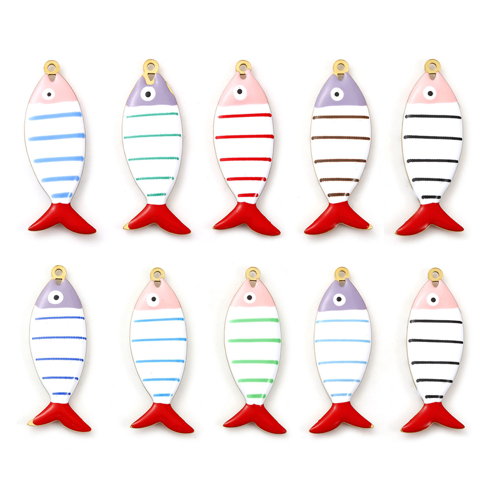 Picture of Eco-friendly PVD Vacuum Plating 304 Stainless Steel Ocean Jewelry Pendants 18K Gold Plated Fish Animal Stripe Double-sided Enamel 4cm x 1.5cm