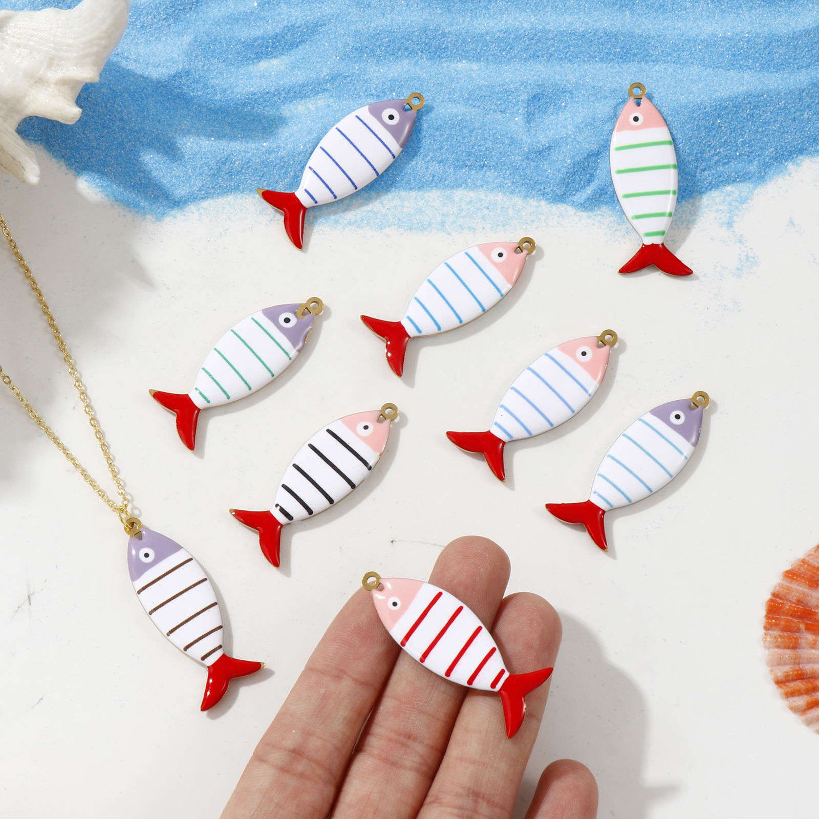 Picture of Eco-friendly PVD Vacuum Plating 304 Stainless Steel Ocean Jewelry Pendants 18K Gold Plated Fish Animal Stripe Double-sided Enamel 4cm x 1.5cm