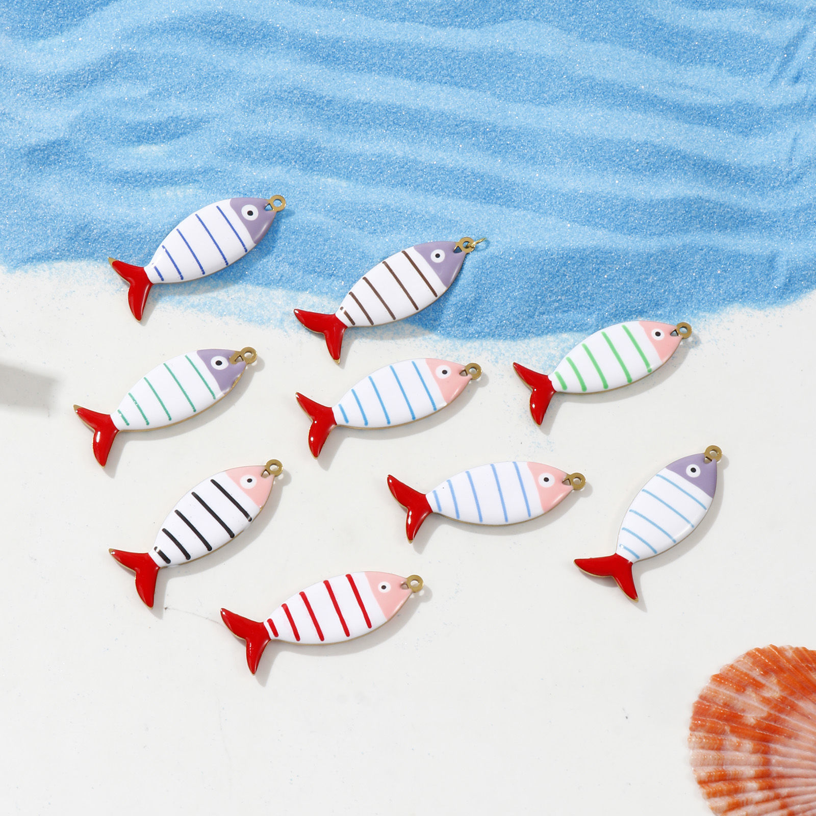 Picture of Eco-friendly PVD Vacuum Plating 304 Stainless Steel Ocean Jewelry Pendants 18K Gold Plated Fish Animal Stripe Double-sided Enamel 4cm x 1.5cm