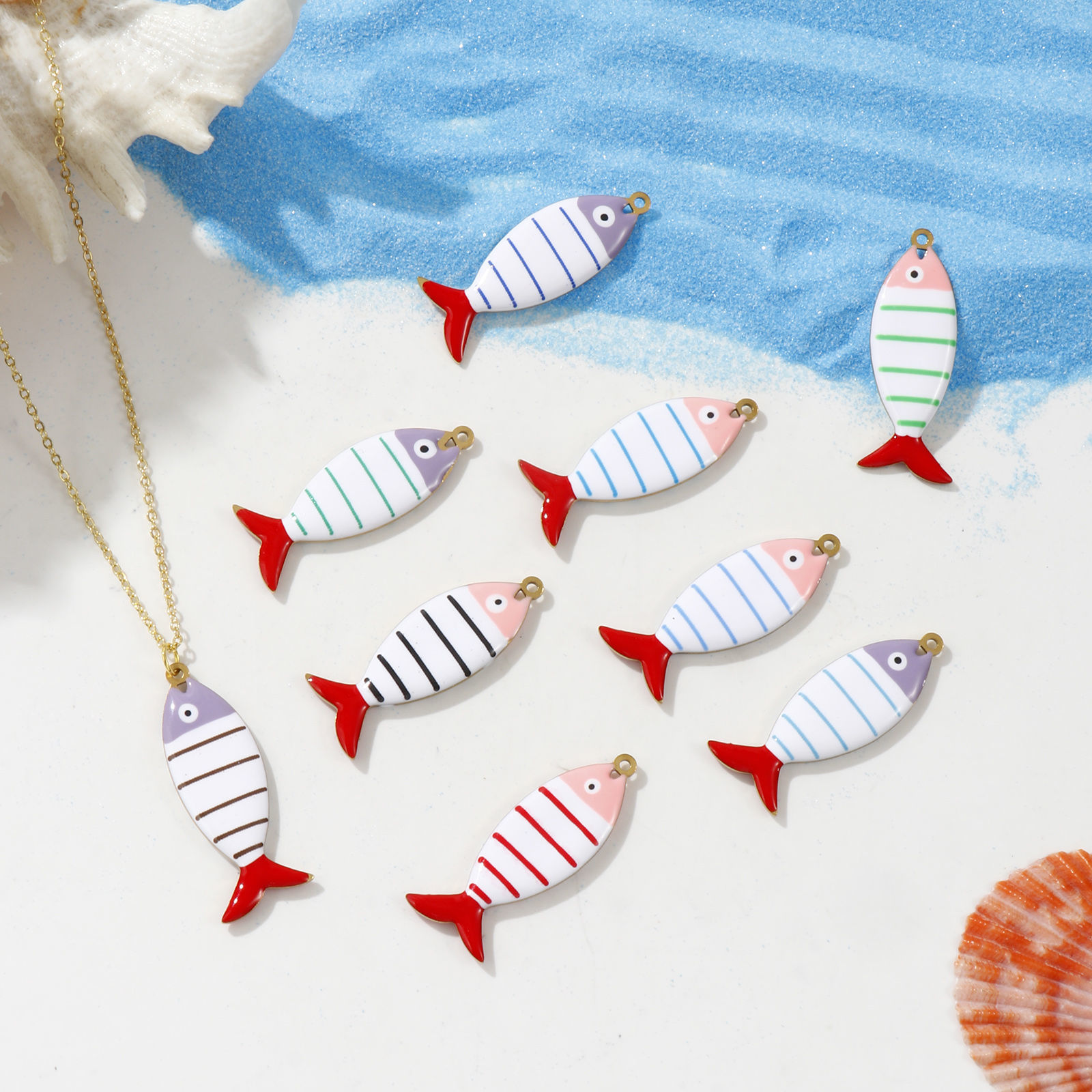 Picture of Eco-friendly PVD Vacuum Plating 304 Stainless Steel Ocean Jewelry Pendants 18K Gold Plated Fish Animal Stripe Double-sided Enamel 4cm x 1.5cm
