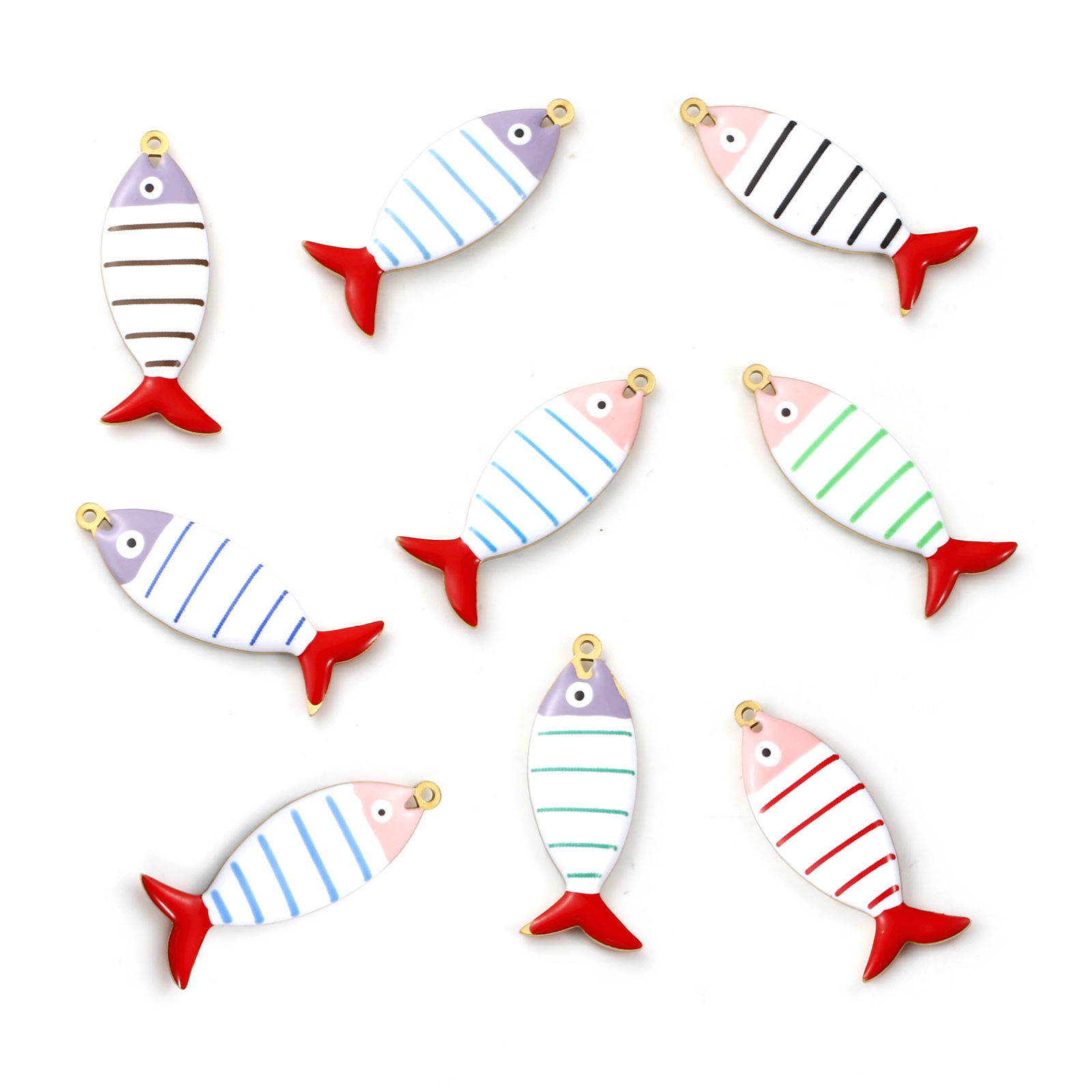 Picture of Eco-friendly PVD Vacuum Plating 304 Stainless Steel Ocean Jewelry Pendants 18K Gold Plated Fish Animal Stripe Double-sided Enamel 4cm x 1.5cm
