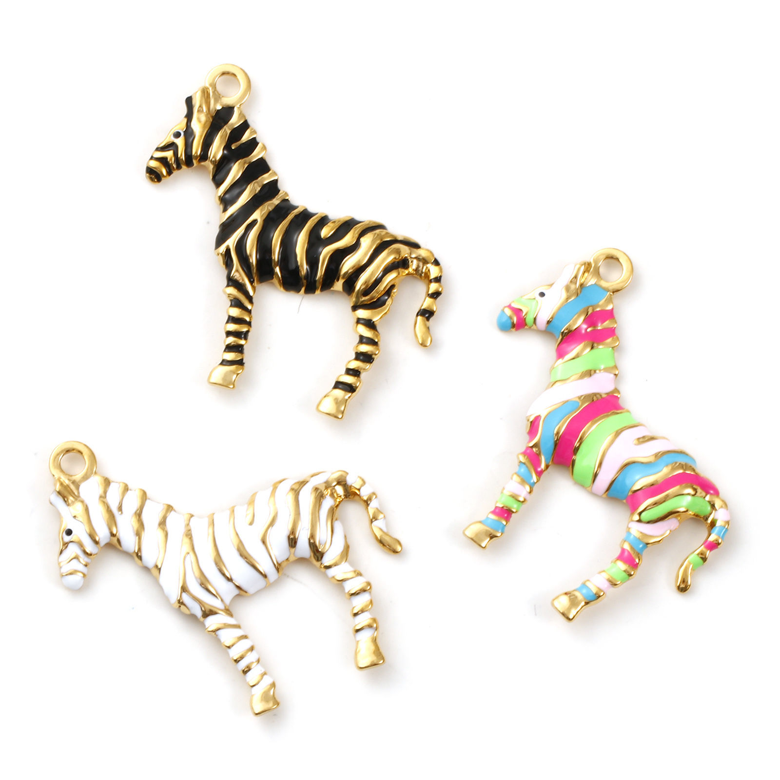 Picture of Eco-friendly PVD Vacuum Plating 304 Stainless Steel Pendants 18K Real Gold Plated Enamel Horse Animal Stripe 4.3cm x 4.2cm